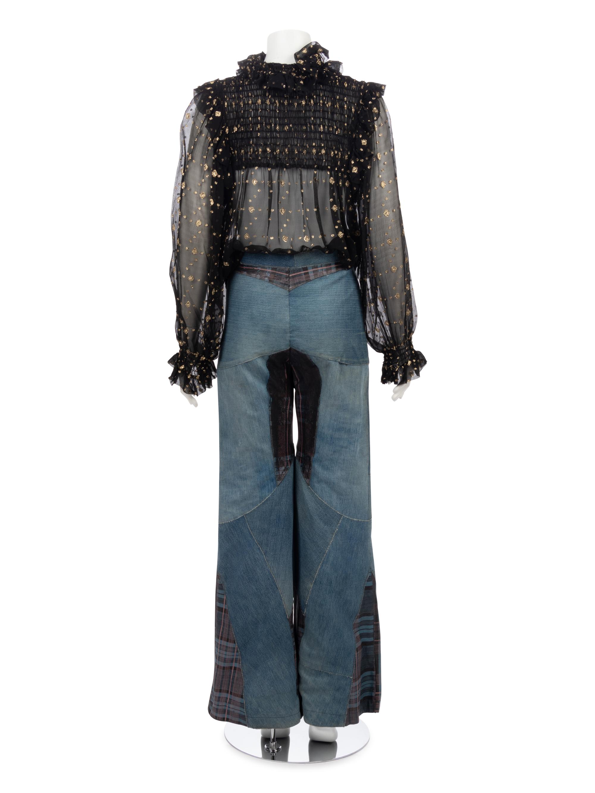 One Saint Laurent Rive Gauche Black Crepe Top and One Pair of Unlabeled Bell Bottom Denim Jeans, 1970s
