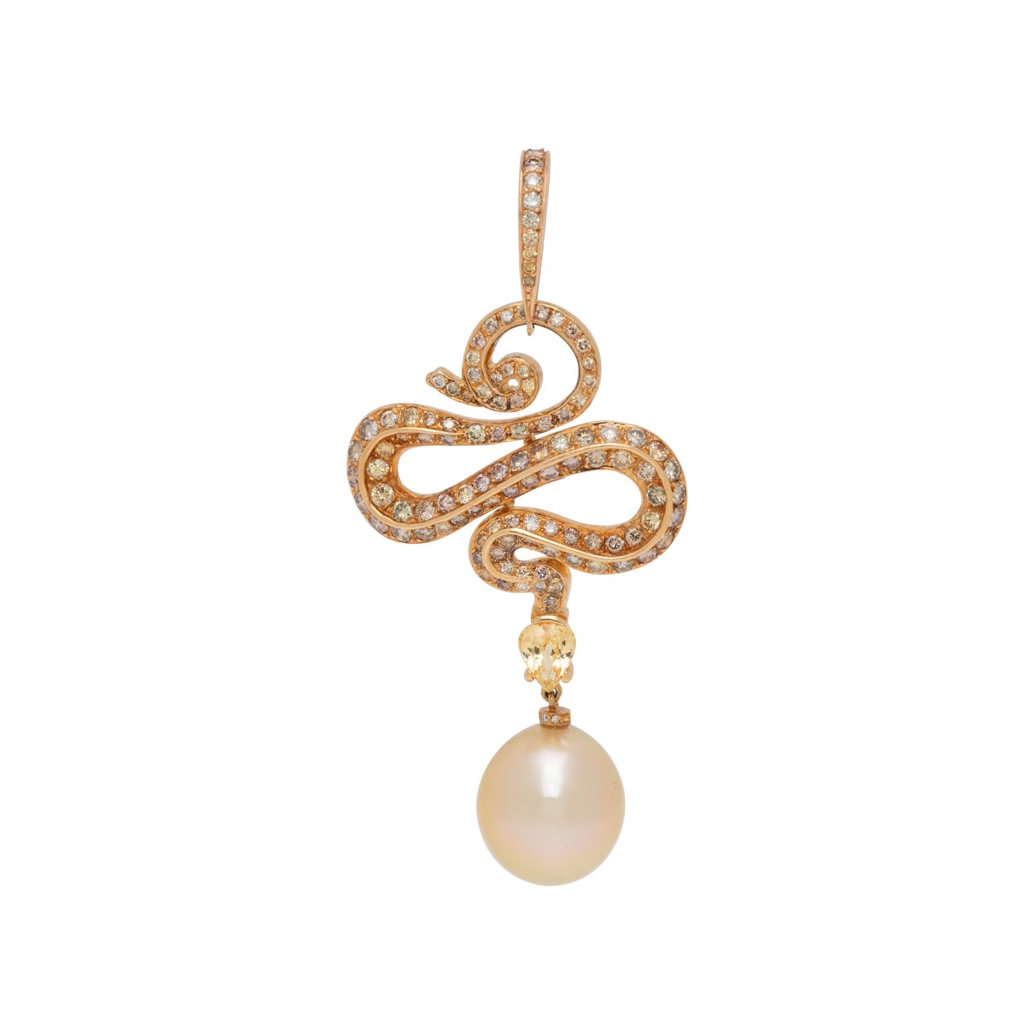 EVELYN CLOTHIER, CONVERTIBLE COLORED DIAMOND, SAPPHIRE AND CULTURED PEARL PENDANT/BROOCH