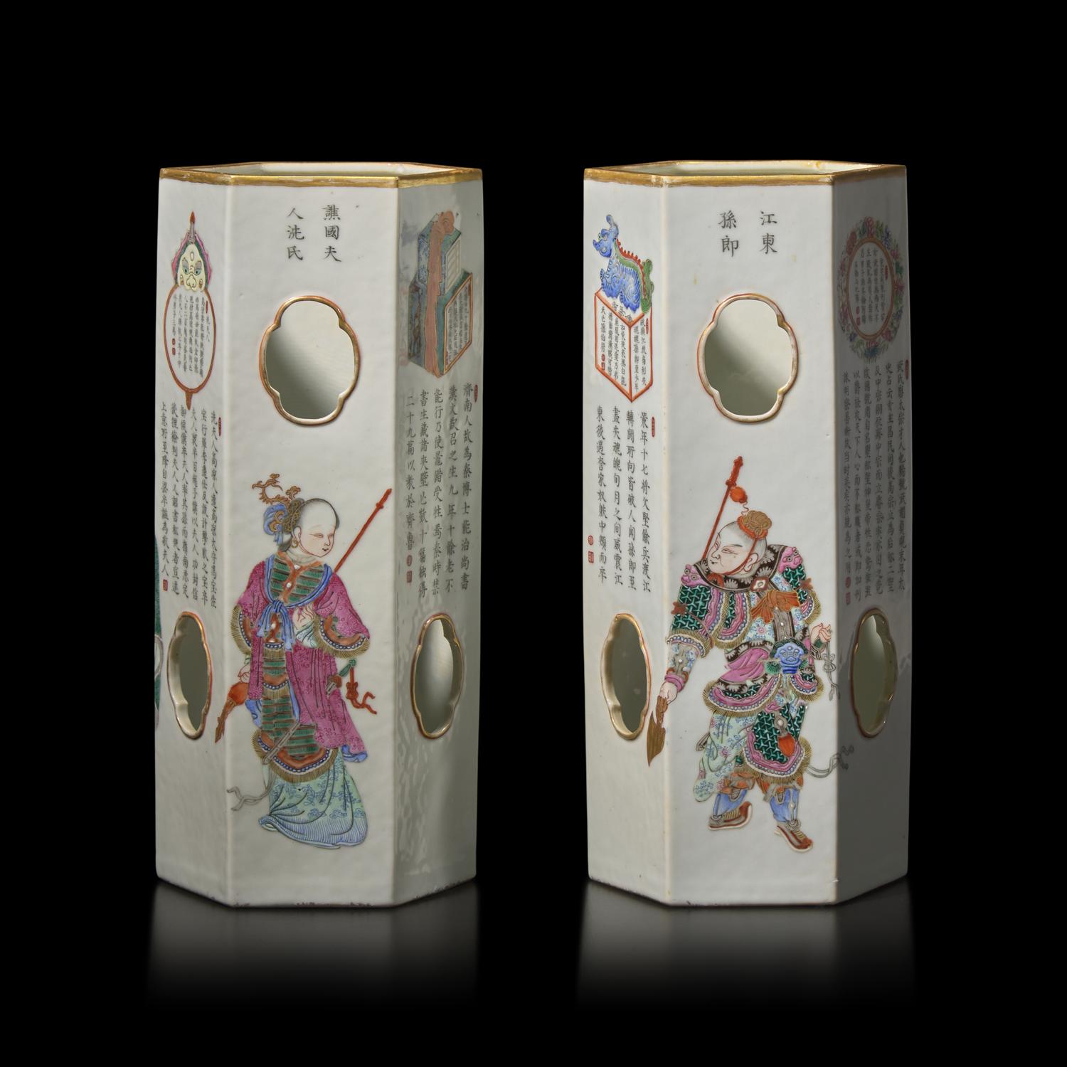 A Pair of Chinese Famille Rose Hexagonal 'Wushuangpu' Hat Stands, Qing Dynasty, 19th Century 清晚期 粉彩無雙譜帽桶一對