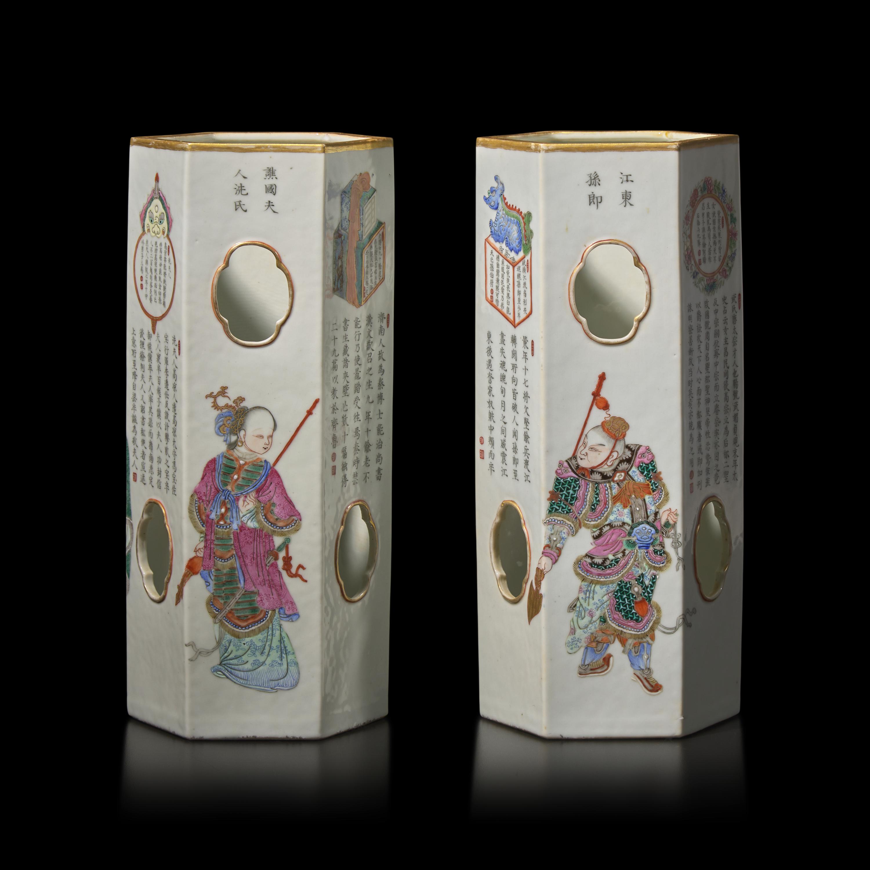 A Pair of Chinese Famille Rose Hexagonal 'Wushuangpu' Hat Stands, Qing Dynasty, 19th Century 清晚期 粉彩無雙譜帽桶一對
