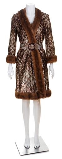 A Bill Blass Metallic Coat with Sable Trim, Coat size 6; Belt: 26.5"- 28.25" x 2.25".