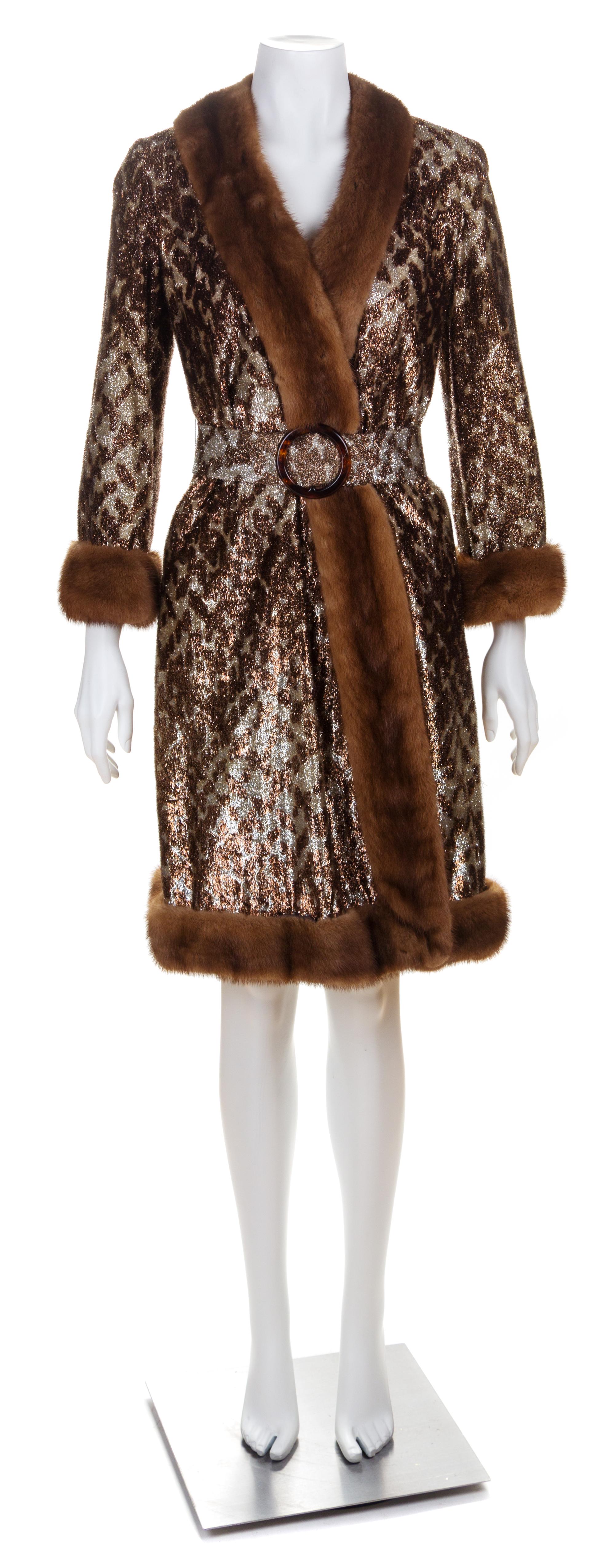 A Bill Blass Metallic Coat with Sable Trim, Coat size 6; Belt: 26.5"- 28.25" x 2.25".