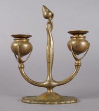 A Tiffany Studios Bronze Two-Light Candelabra, Height 9 inches.