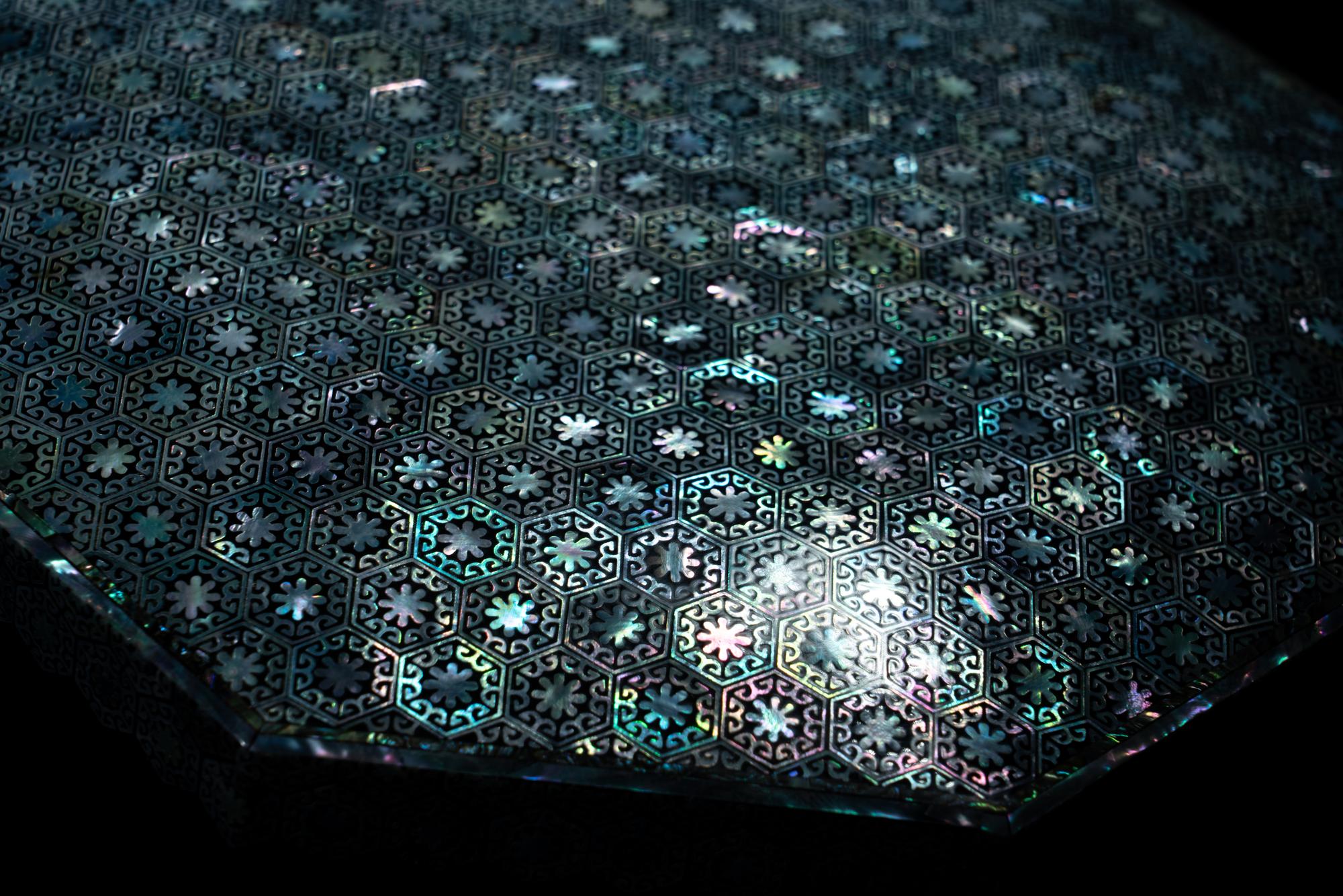 A Korean Mother-of-Pearl Inlaid Black Octagonal Lacquered Box and Cover