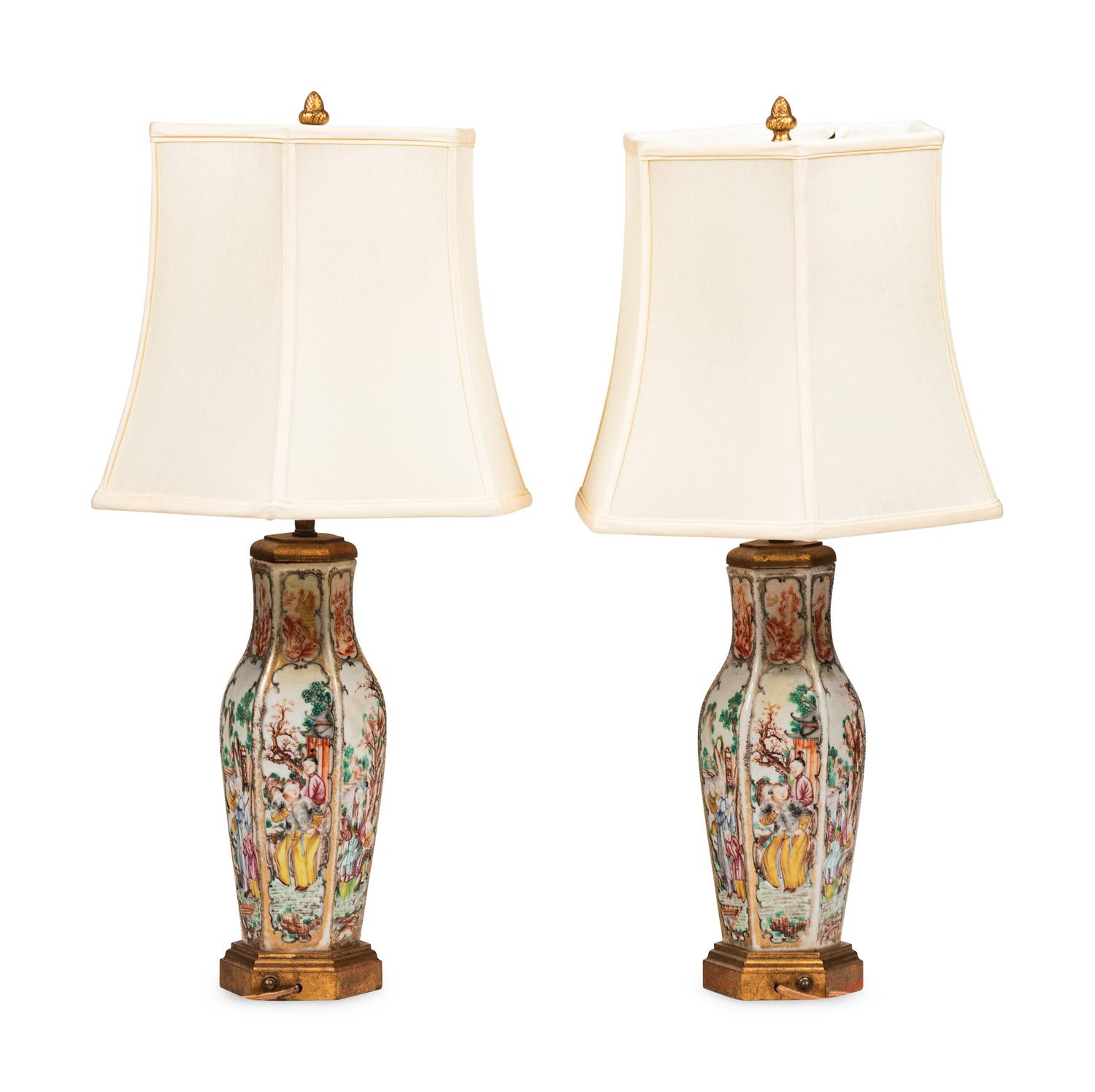 A Pair of Chinese Export Porcelain Hexagonal Table Lamps