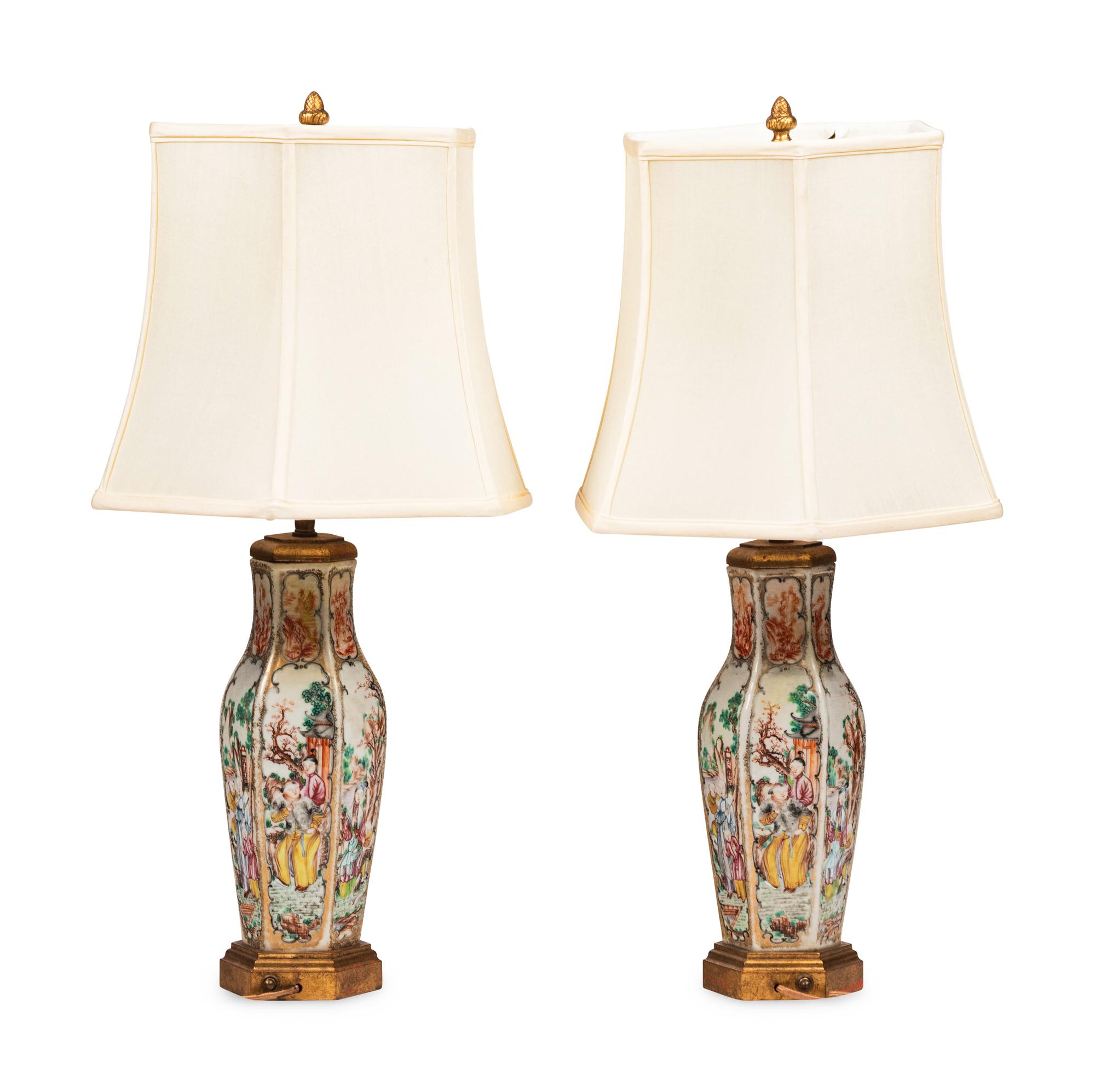 A Pair of Chinese Export Porcelain Hexagonal Table Lamps