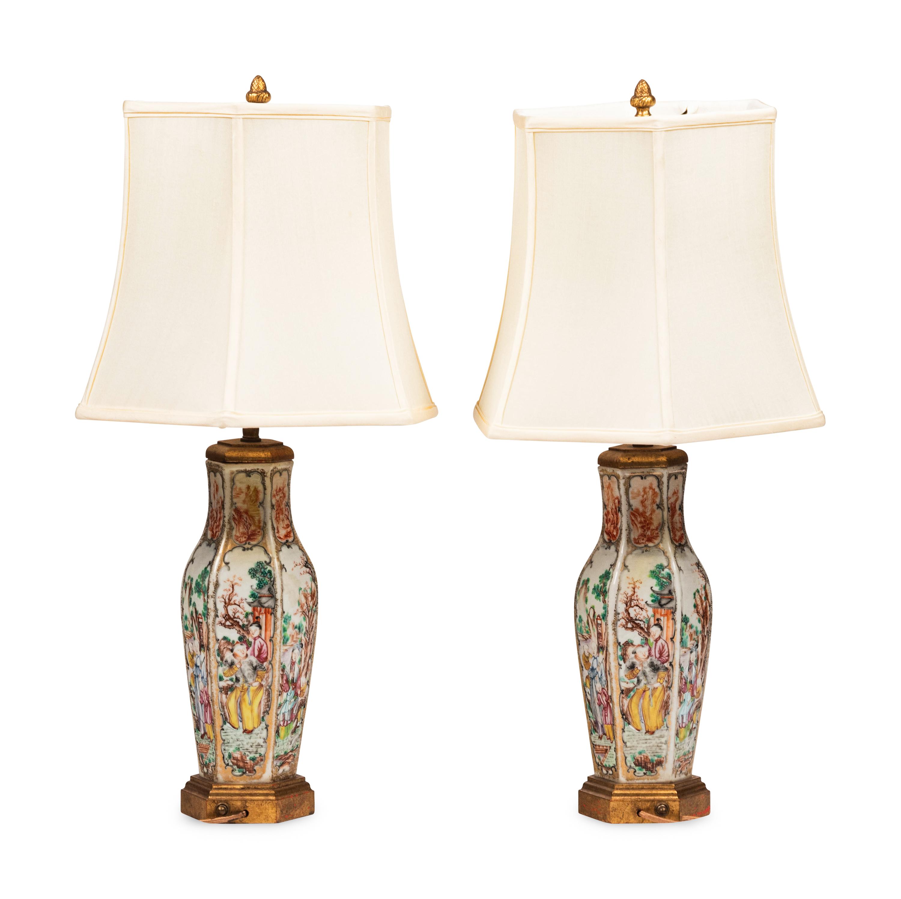 A Pair of Chinese Export Porcelain Hexagonal Table Lamps