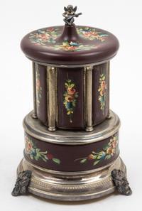 A Swiss Enameled Silver-Plate Musical Humidor. Height 11 inches.
