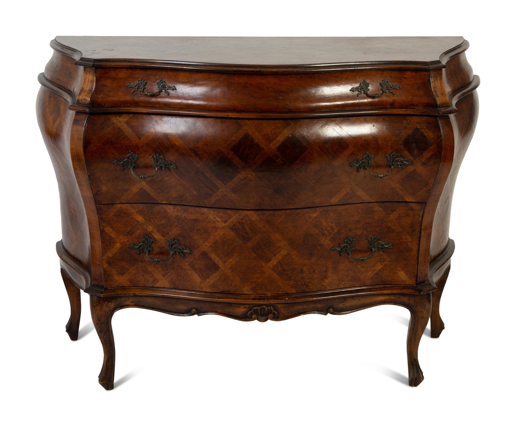 An Italian Louis XV Style Walnut Parquetry Bombe Commode — 19TH CENTURY