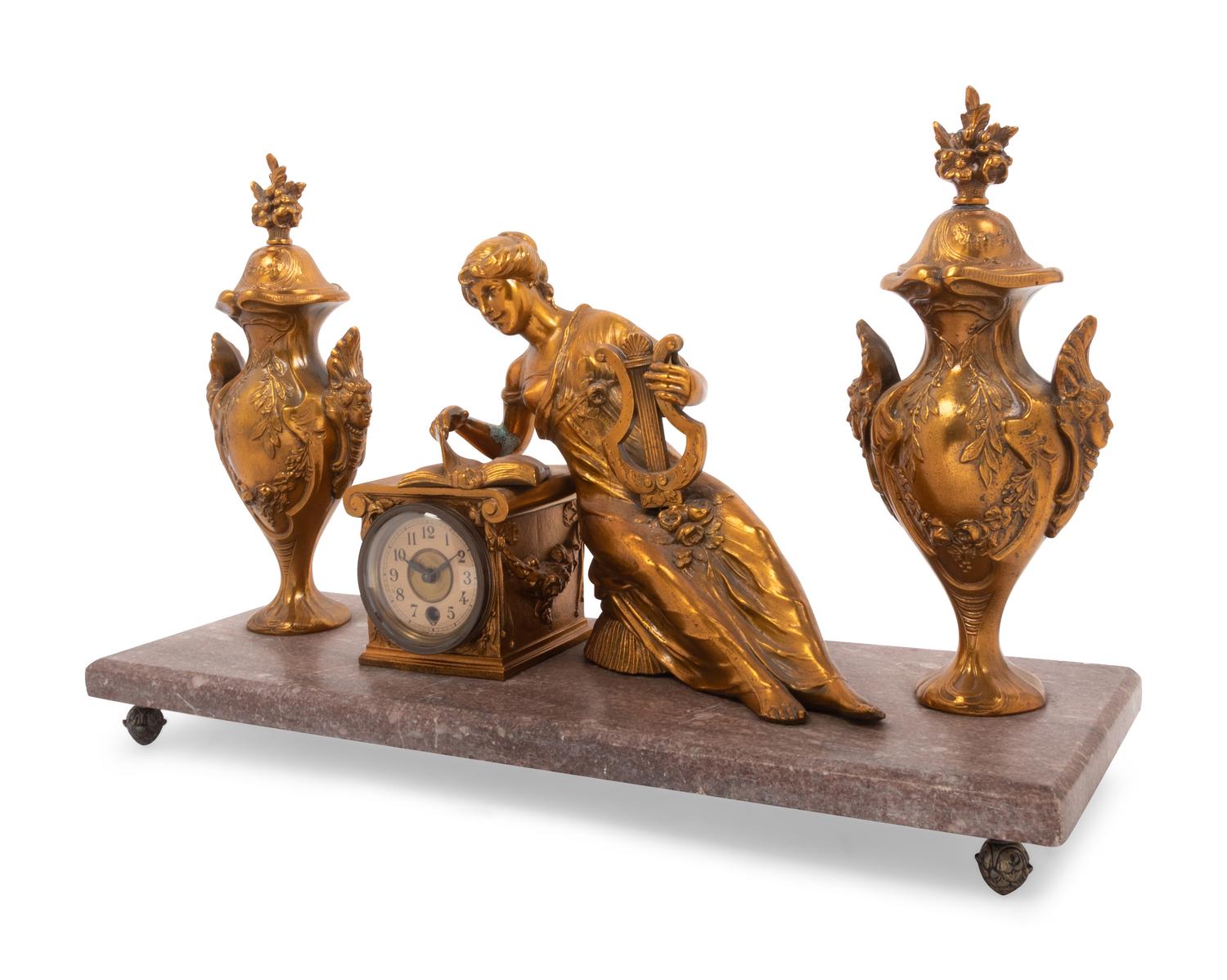 An American Gilt Metal and Marble Mantel Clock
