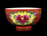 A Chinese Coral Red Ground Enamel on Porcelain Bowl