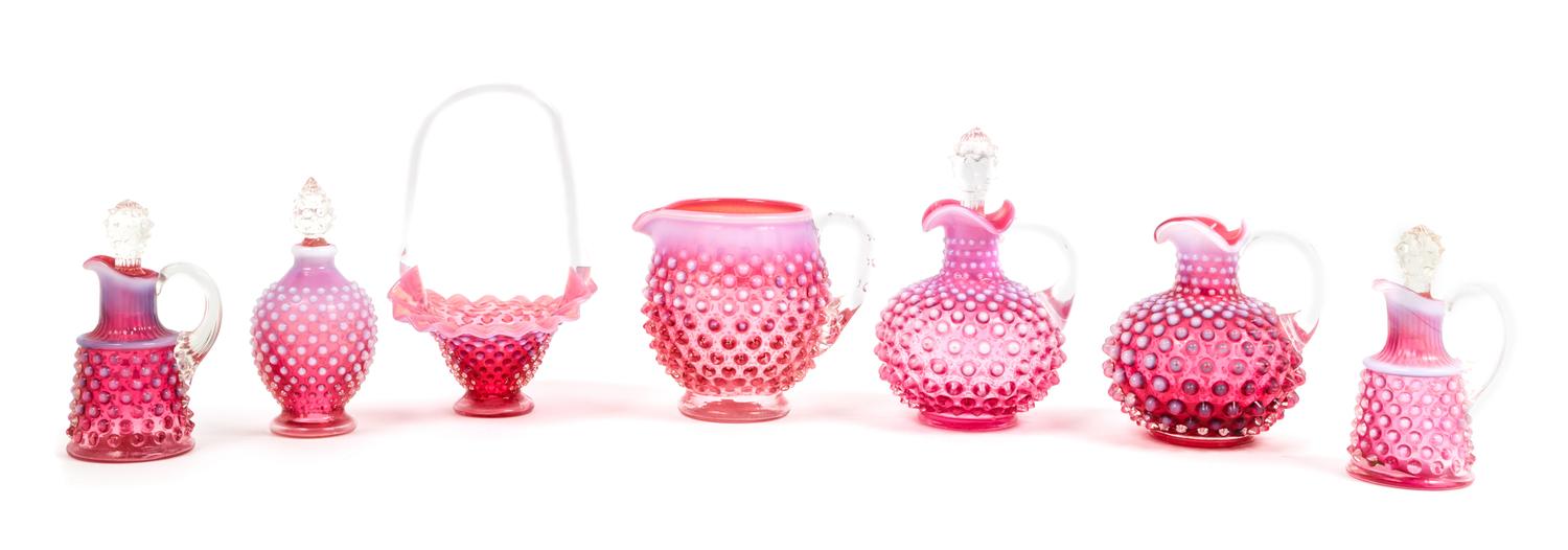 Seven Cranberry Glass Hobnail Articles Height of tallest 7 inches