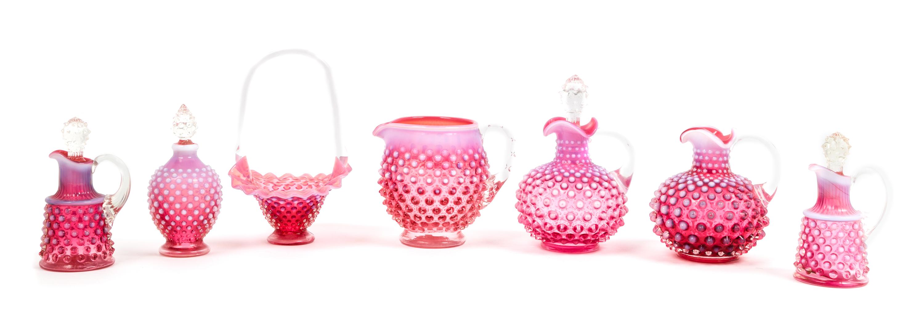 Seven Cranberry Glass Hobnail Articles Height of tallest 7 inches