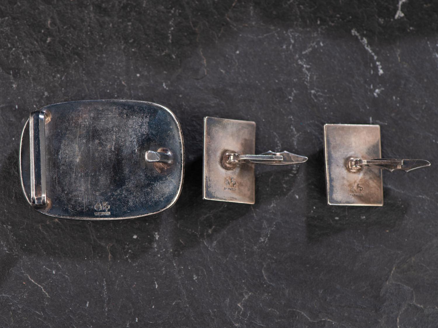 Southwestern-style Sterling Silver and Turquoise Cuff Links and Belt Buckle