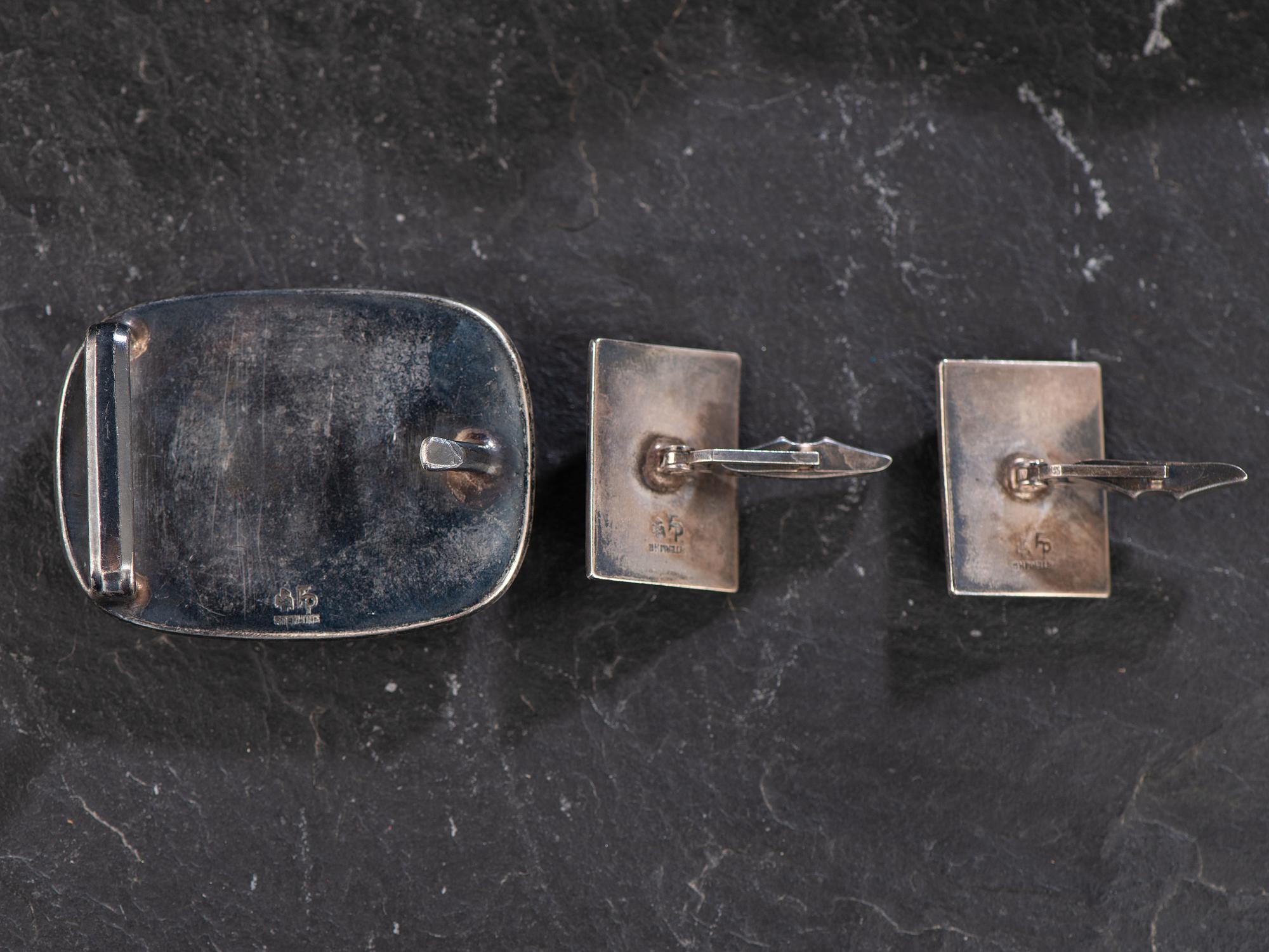 Southwestern-style Sterling Silver and Turquoise Cuff Links and Belt Buckle