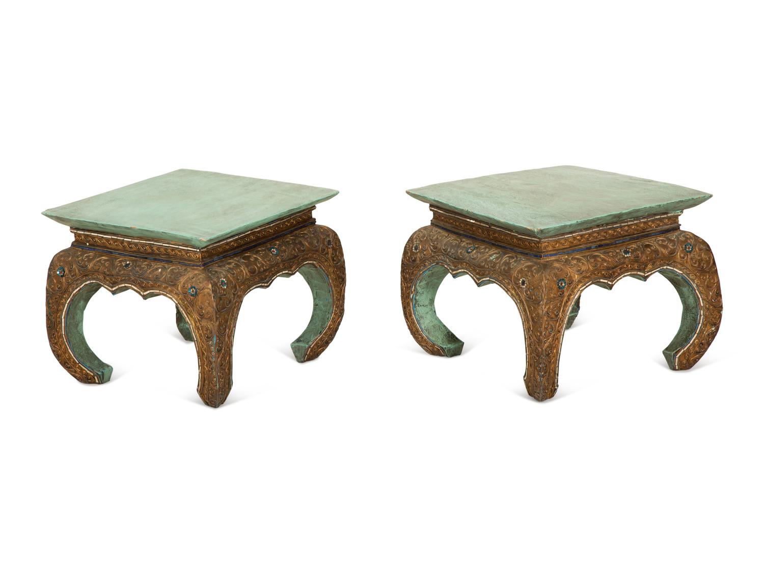 A Pair of South Asian Carved and Painted Tabourets