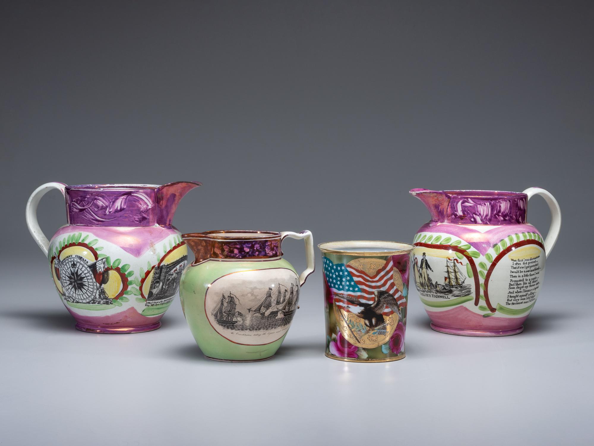 Three English Lustreware Glazed Pitchers