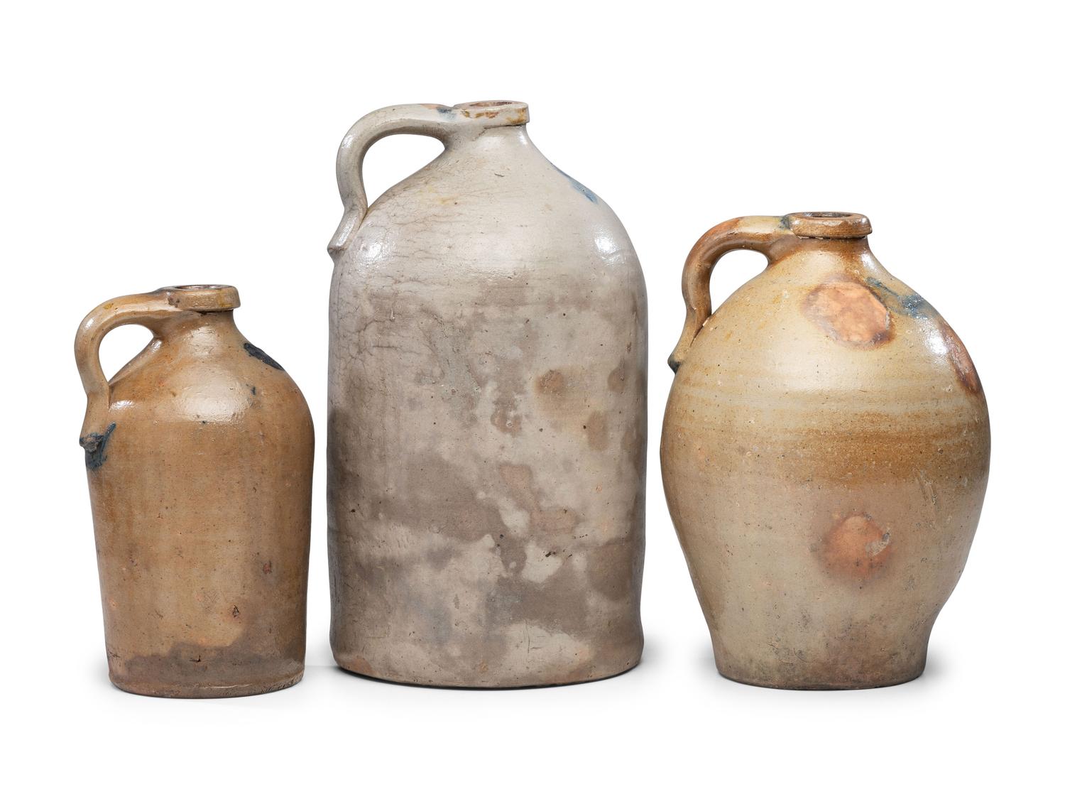 Three Chauncey Tupper Cobalt Decorated Stoneware Jugs