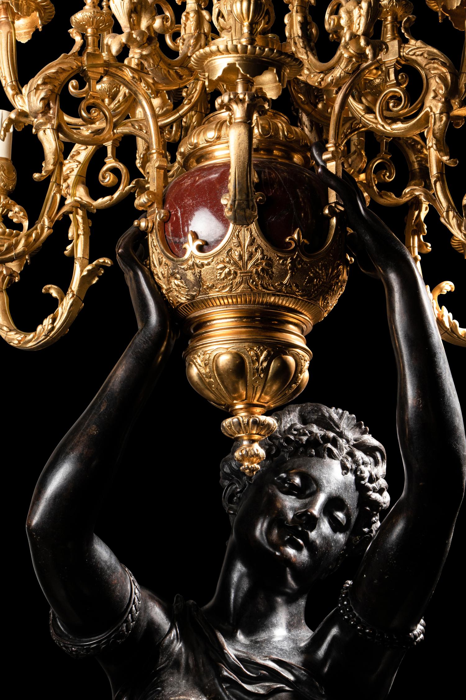 A Pair of Monumental Gilt and Patinated Bronze and Rouge Marble Figural Torchères
