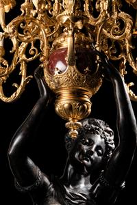 A Pair of Monumental Gilt and Patinated Bronze and Rouge Marble Figural Torchères