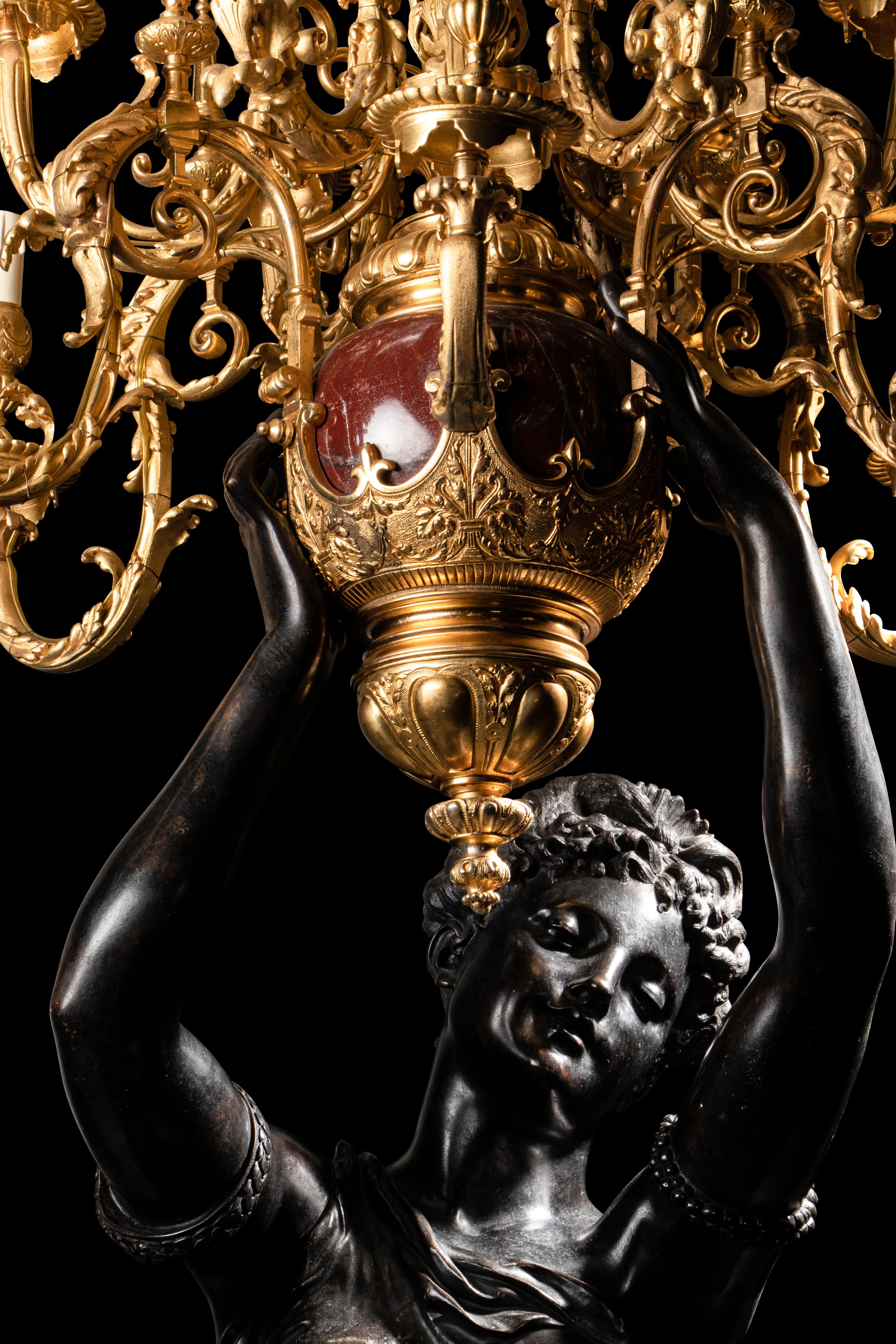 A Pair of Monumental Gilt and Patinated Bronze and Rouge Marble Figural Torchères