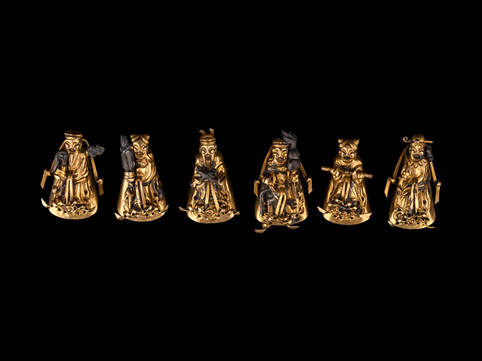 Four Chinese Miniature Silver Models of Rickshaws and A Set of Gilt Silver Hat Pins