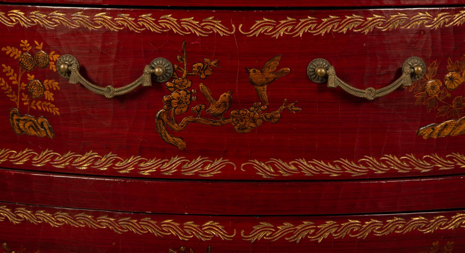 A Regency Style Red and Gilt Lacquer Demi-lune Commode — 20TH CENTURY