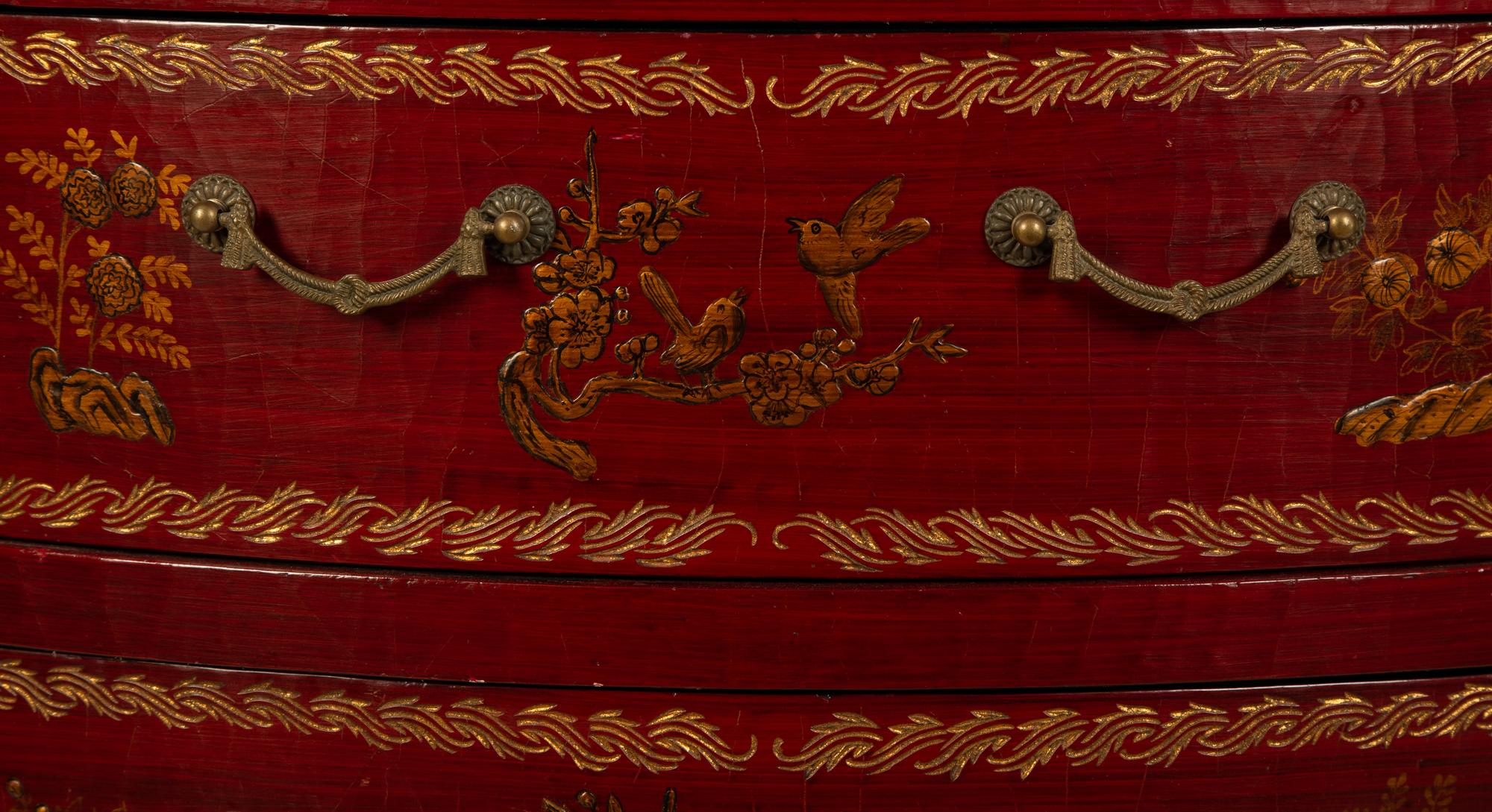A Regency Style Red and Gilt Lacquer Demi-lune Commode — 20TH CENTURY