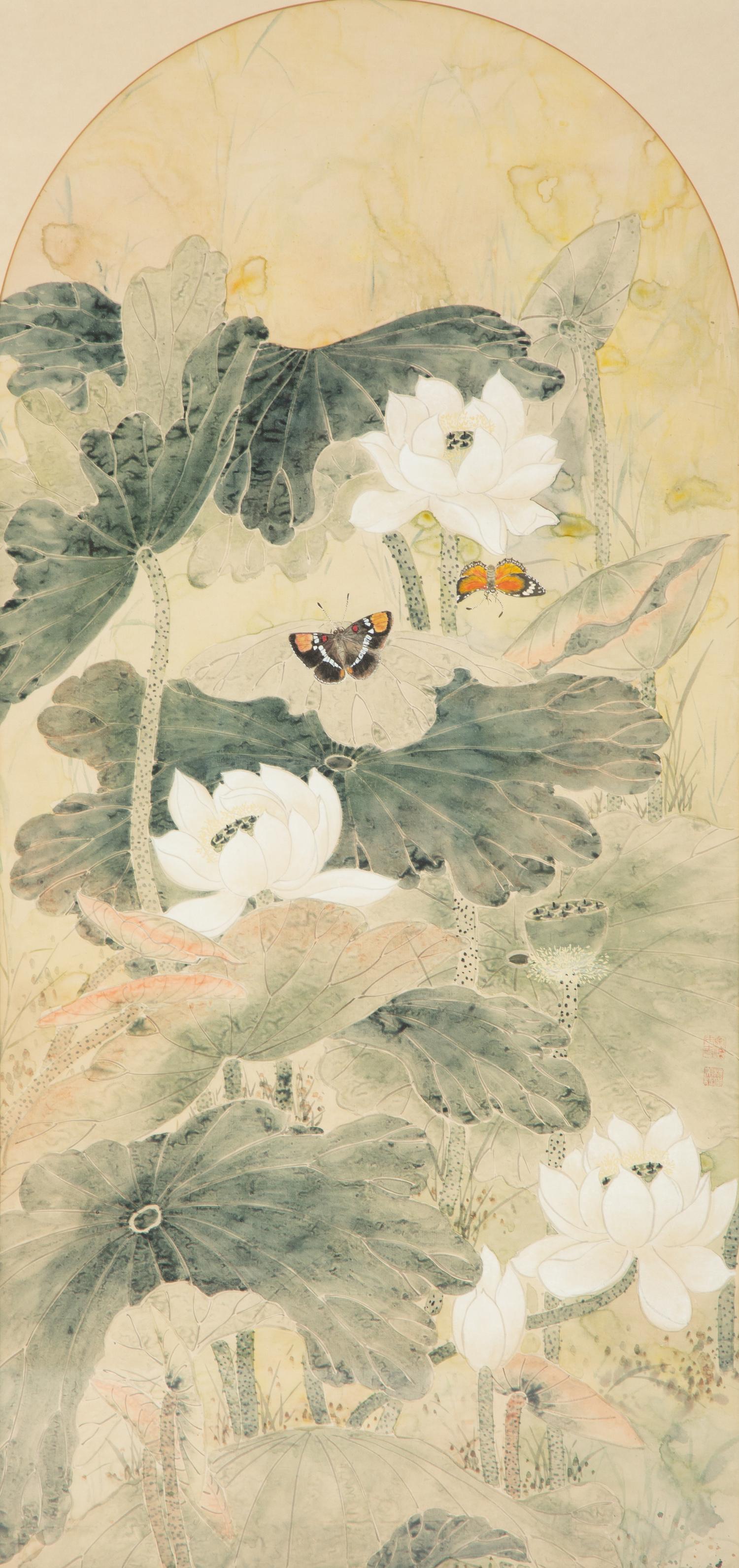 Still Lives with Water Lilies and Butterflies (a pair)