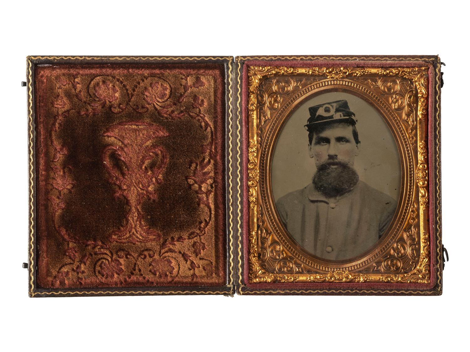 [CIVIL WAR]. Sixth plate tintype of Corporal Tappan S. Eaton, Company K, 35th Massachusetts Volunteer Infantry, WIA Antietam, 17 September 1862.