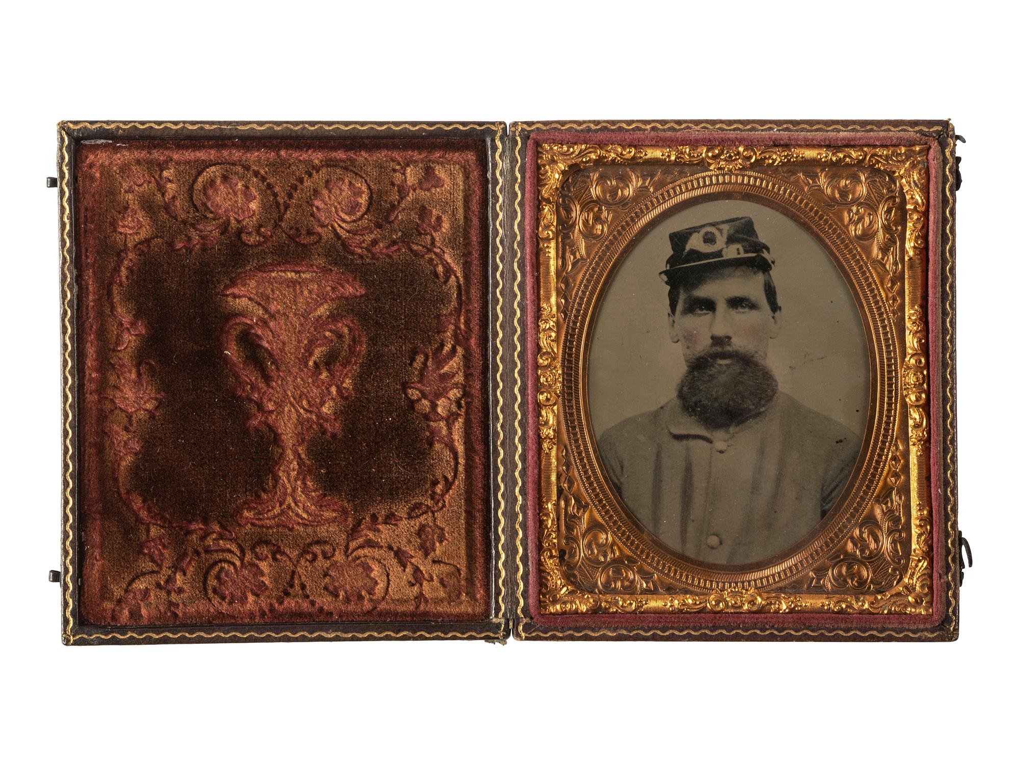 [CIVIL WAR]. Sixth plate tintype of Corporal Tappan S. Eaton, Company K, 35th Massachusetts Volunteer Infantry, WIA Antietam, 17 September 1862.