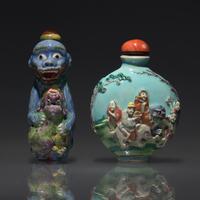 Two Chinese Molded Porcelain Snuff Bottles, Qing dynasty, Late 18th to 19th century — 清中期 粉彩模製鼻煙壺兩支