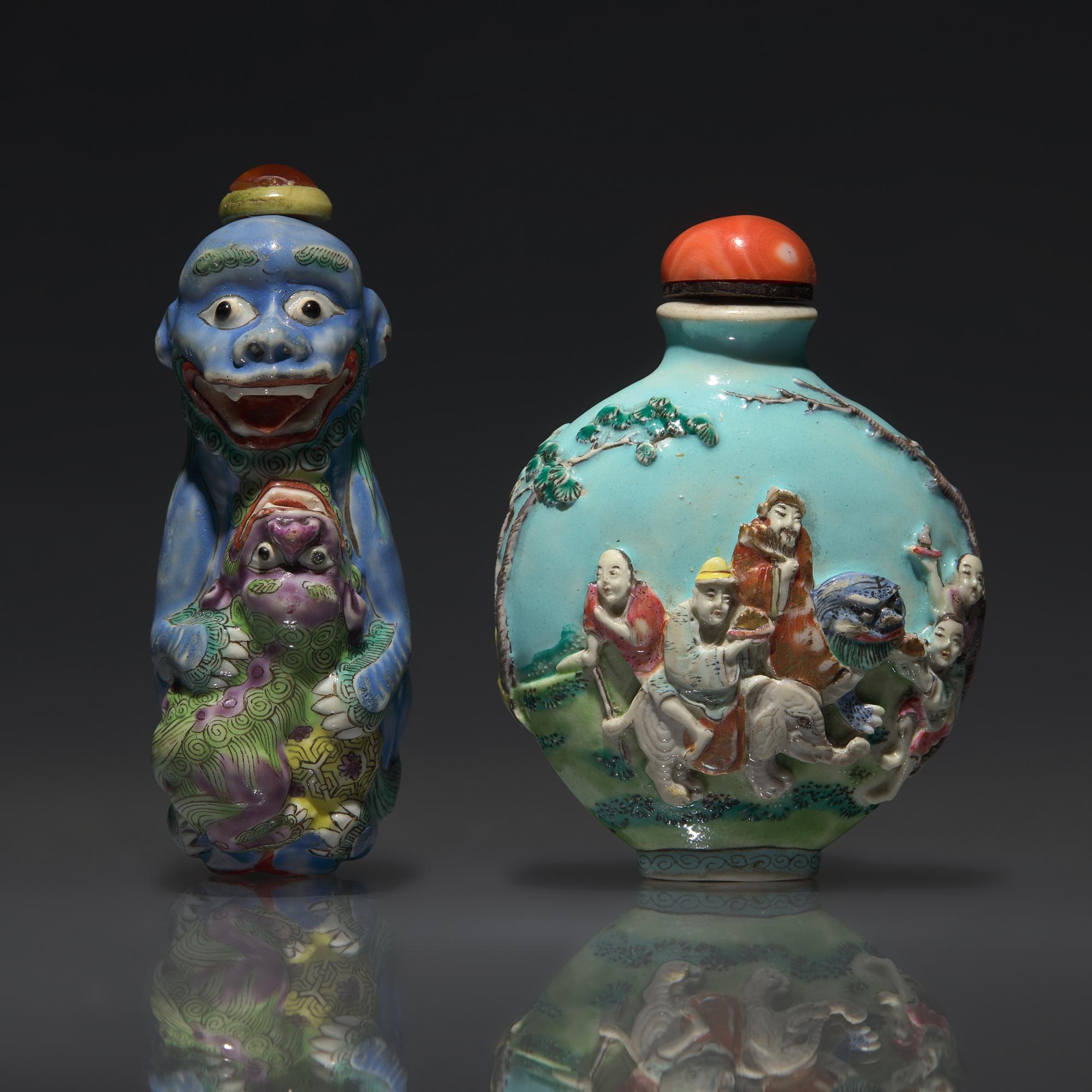 Two Chinese Molded Porcelain Snuff Bottles, Qing dynasty, Late 18th to 19th century — 清中期 粉彩模製鼻煙壺兩支