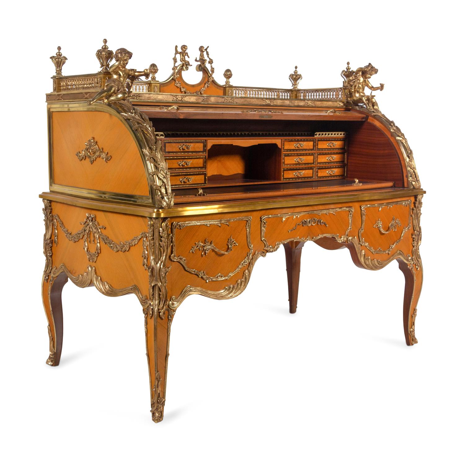 A Louis XV Style Gilt Metal Mounted Marquetry Bureau à Cylindre