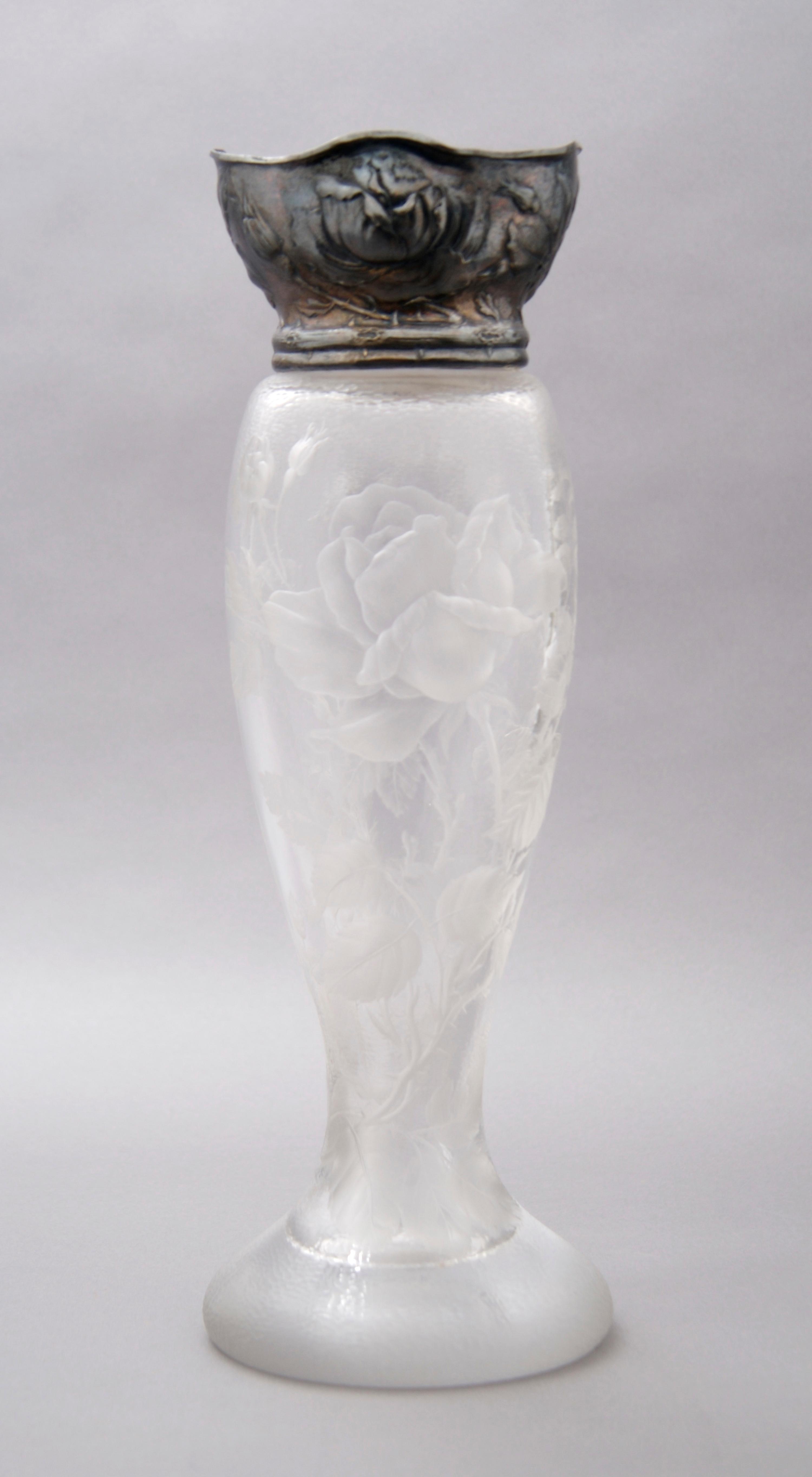 An American Silver Mounted Glass Vase, Gorham, Martele, Circa 1906, Height 13 7/8 inches.