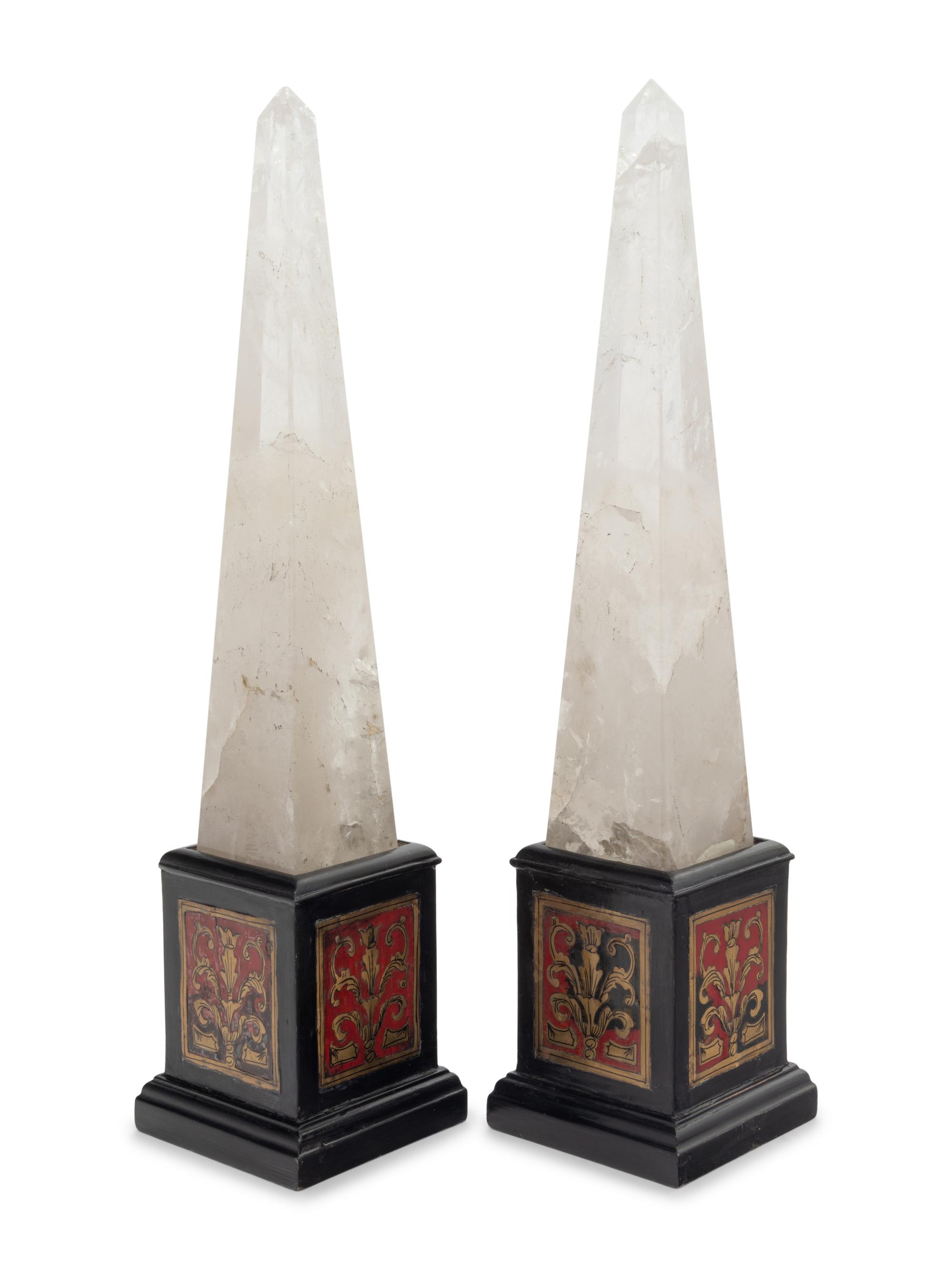 A Pair of Napoleon III Style Boulle Marquetry and Rock Crystal Obelisks