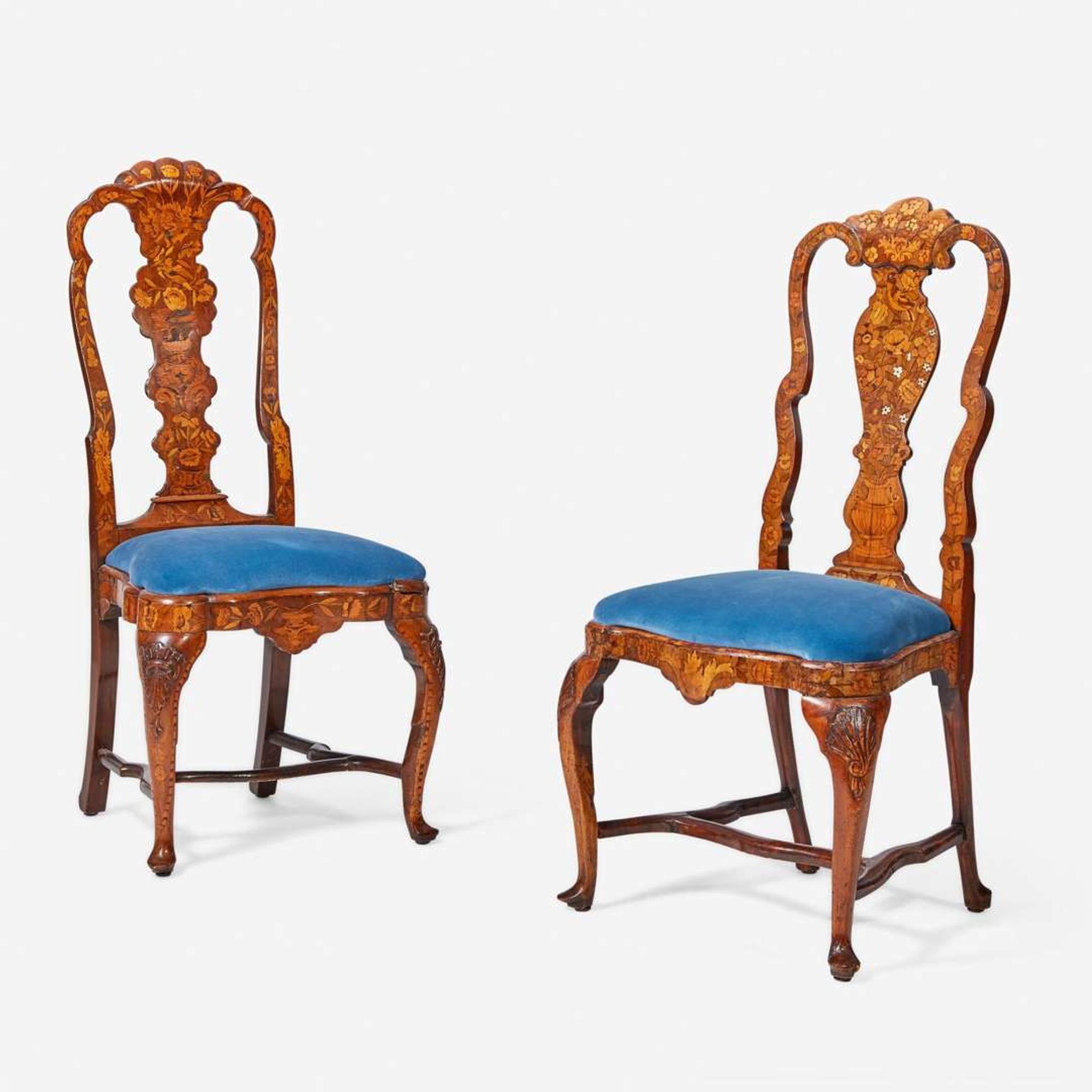 An assembled pair of Dutch Rococo inlaid walnut and marquetry side chairs circa 1750
