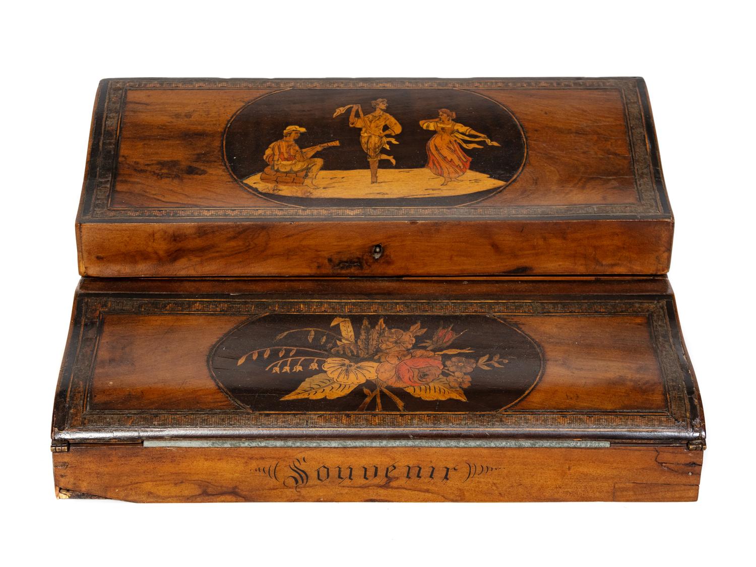 A Regency Walnut Tunbridge Ware Triple Opening Writing Slope