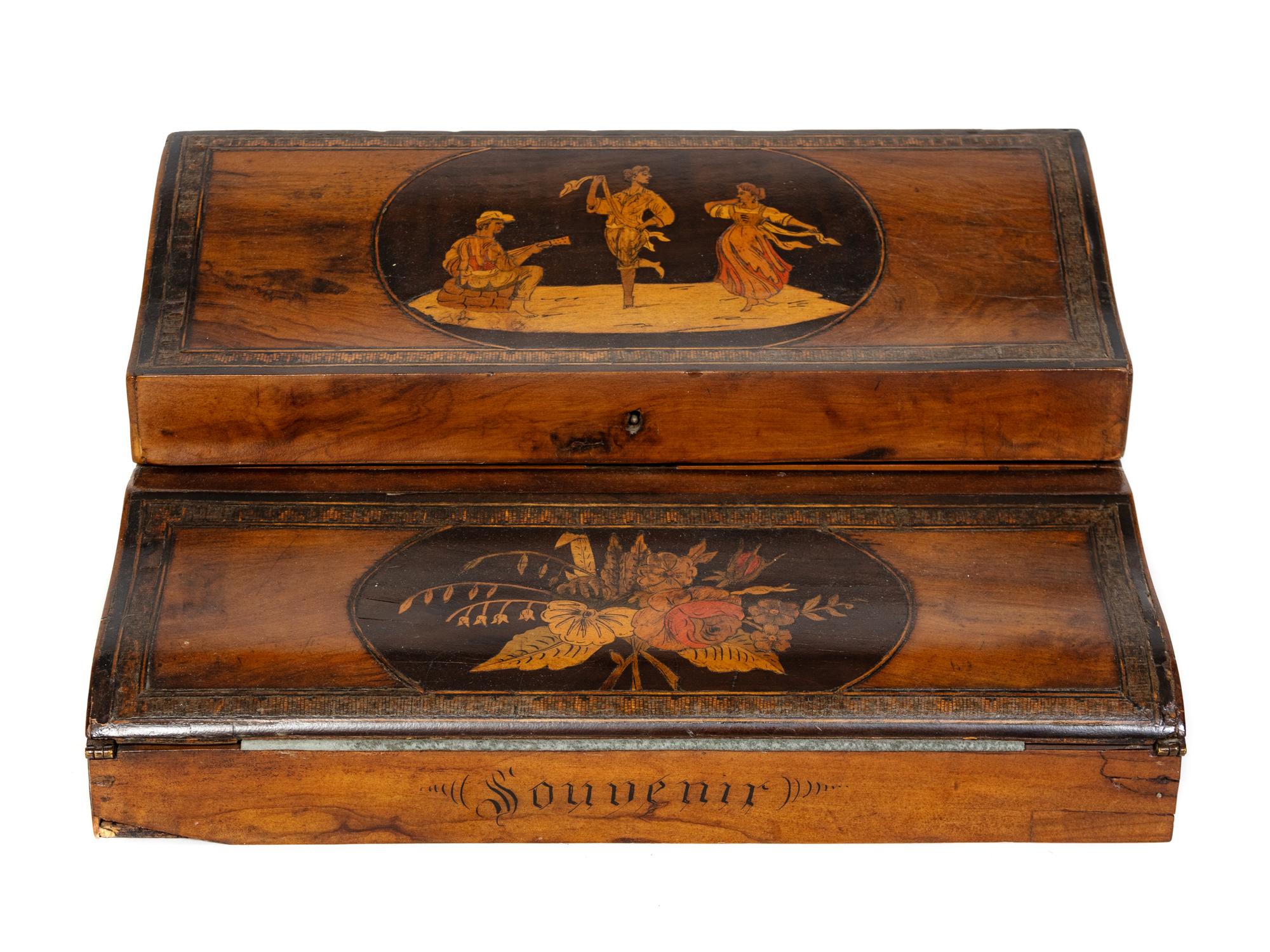 A Regency Walnut Tunbridge Ware Triple Opening Writing Slope