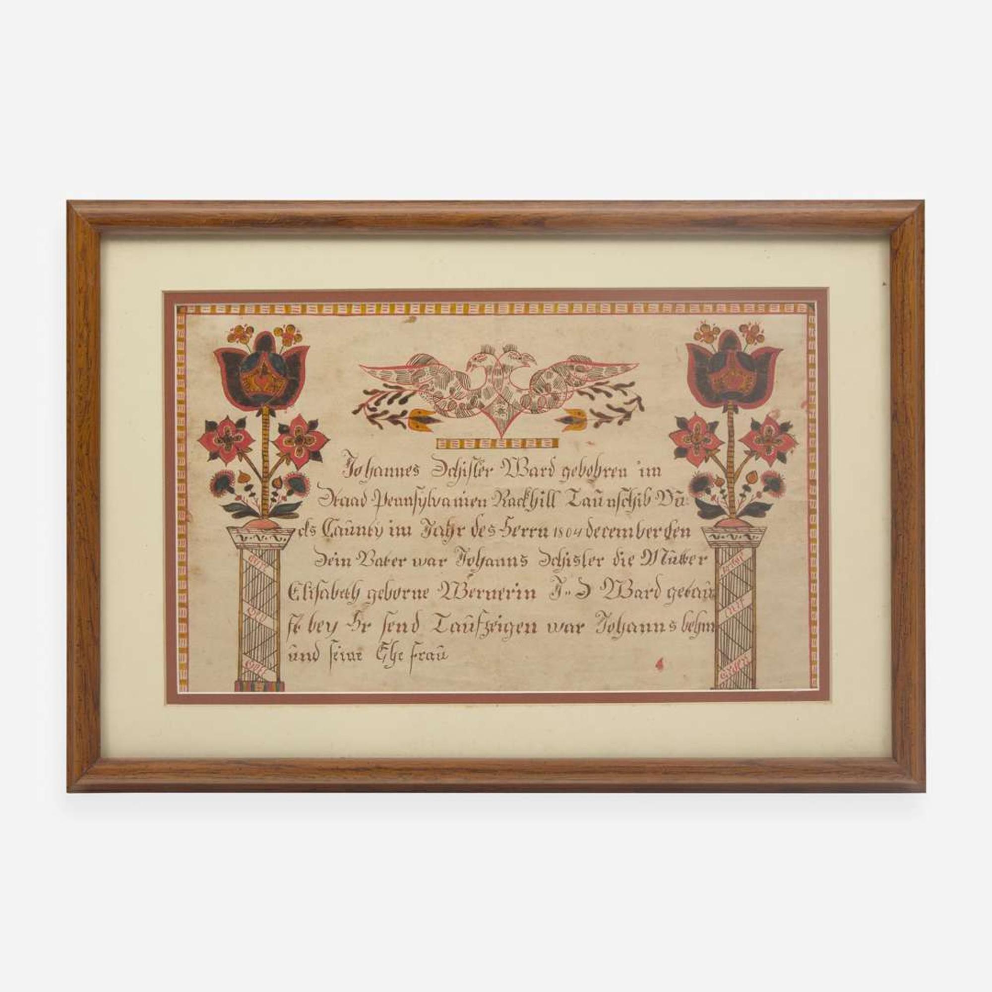 Attributed to Bernard Mission (active 1808-1825) A Fraktur birth record for Johannes Schisler, dated "1804"