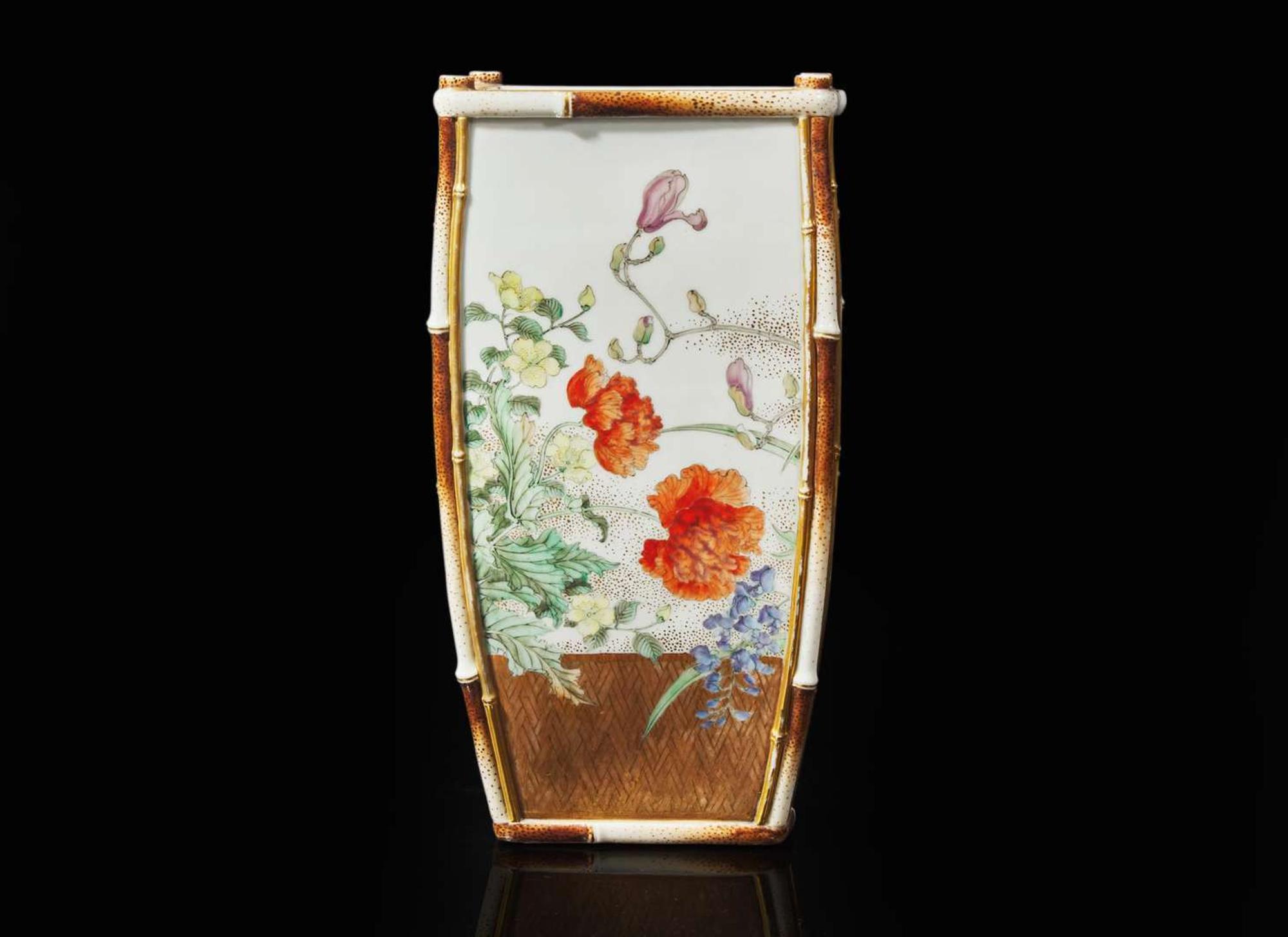 A Japanese faux-bamboo enameled porcelain vase, Kawamoto Hansuke, Meiji period 日本仿竹瓷瓶 川本半助 明治