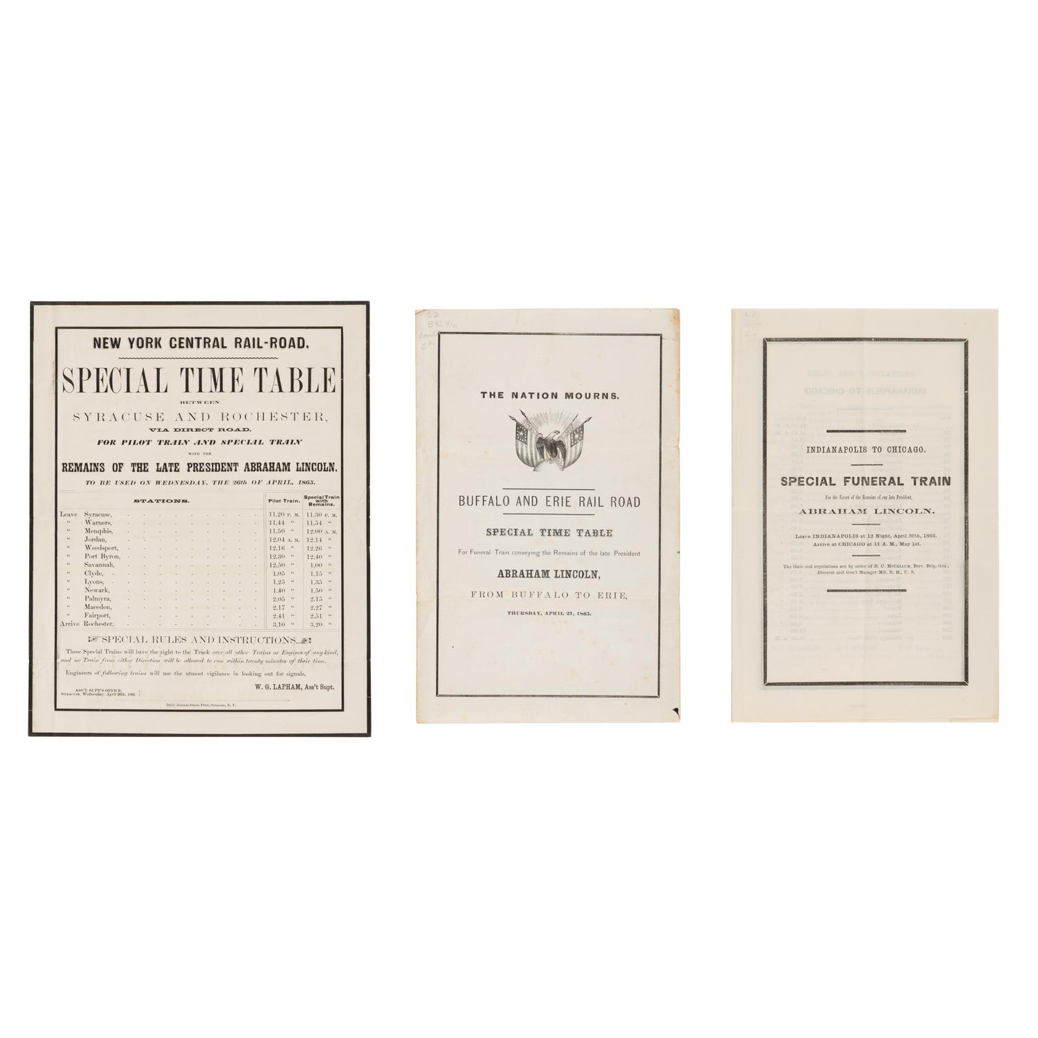 [LINCOLN FUNERAL]. A group of 3 funeral train schedules, comprising: