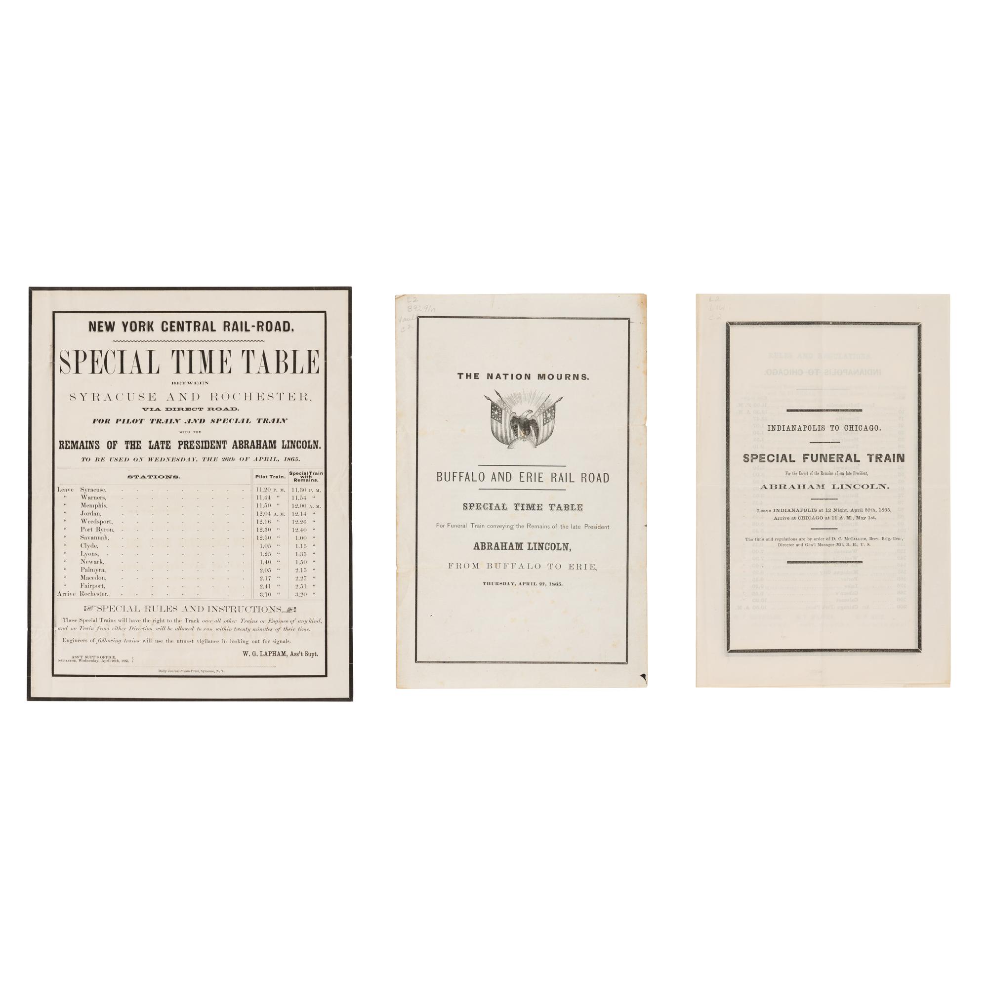 [LINCOLN FUNERAL]. A group of 3 funeral train schedules, comprising: