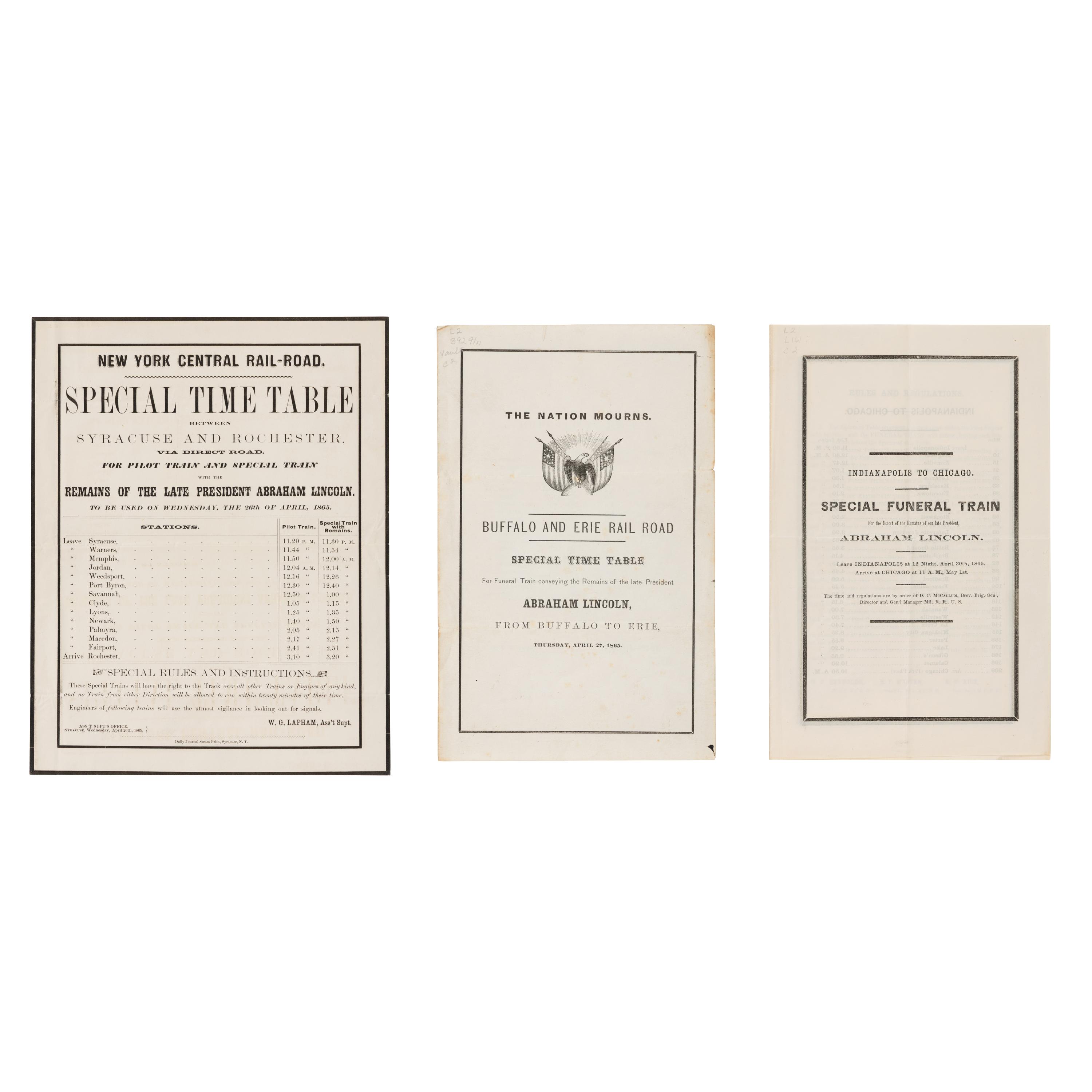 [LINCOLN FUNERAL]. A group of 3 funeral train schedules, comprising: