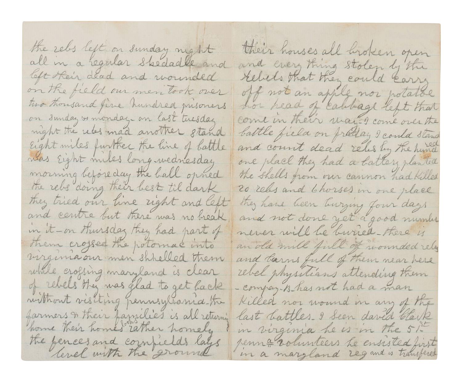 [CIVIL WAR]. Letter with graphic content describing the Battle of Antietam written by Samuel Clark, 5th Pennsylvania Reserves. Camp on Bank of the Potomac, Washington Co., MD, 21 September 1862.