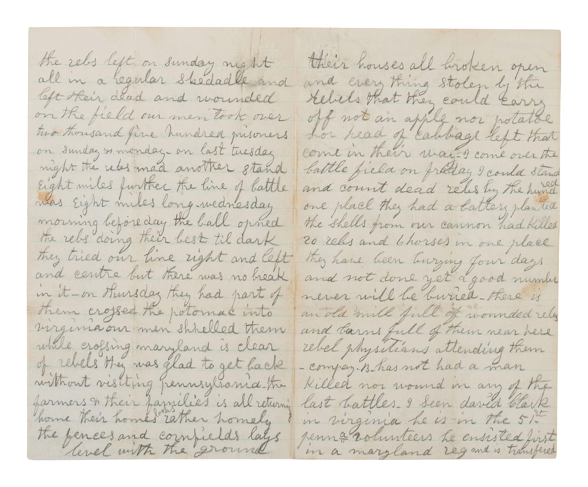 [CIVIL WAR]. Letter with graphic content describing the Battle of Antietam written by Samuel Clark, 5th Pennsylvania Reserves. Camp on Bank of the Potomac, Washington Co., MD, 21 September 1862.