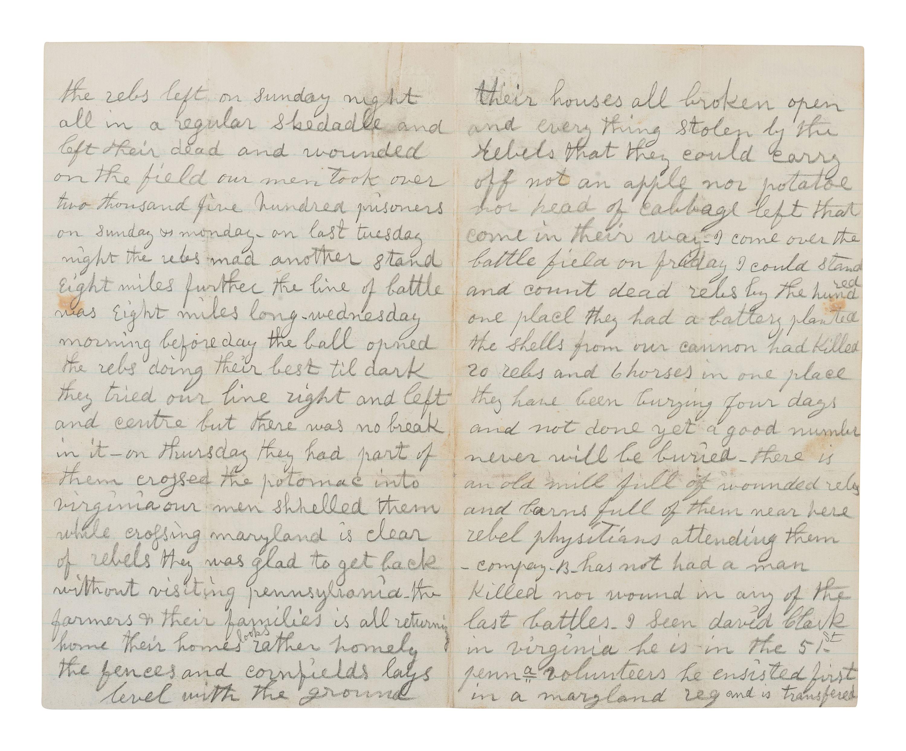 [CIVIL WAR]. Letter with graphic content describing the Battle of Antietam written by Samuel Clark, 5th Pennsylvania Reserves. Camp on Bank of the Potomac, Washington Co., MD, 21 September 1862.