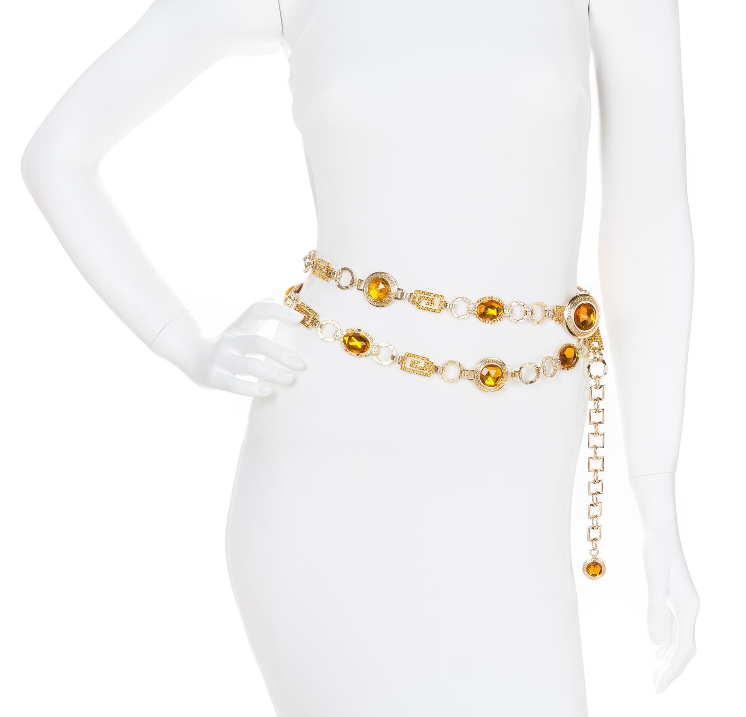 A Gianni Versace Amber Medallion and Rhinestone Greco Link Belt, Length: 61"- 66".