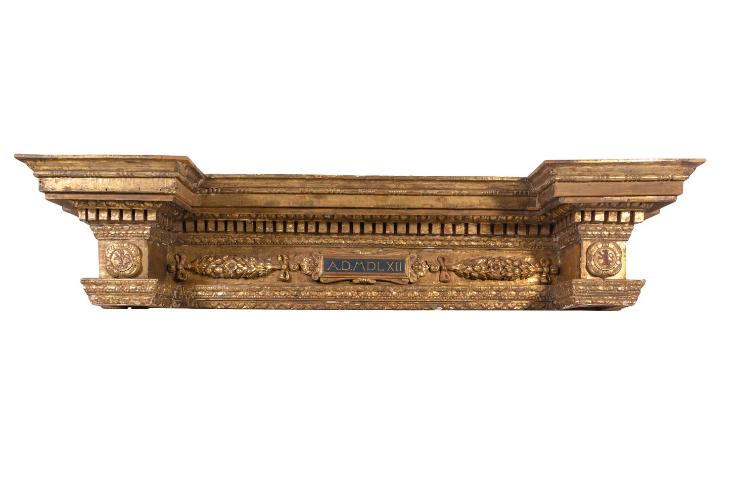 A French Baroque Carved Giltwood Pediment and Two Columns — MID 16TH CENTURY