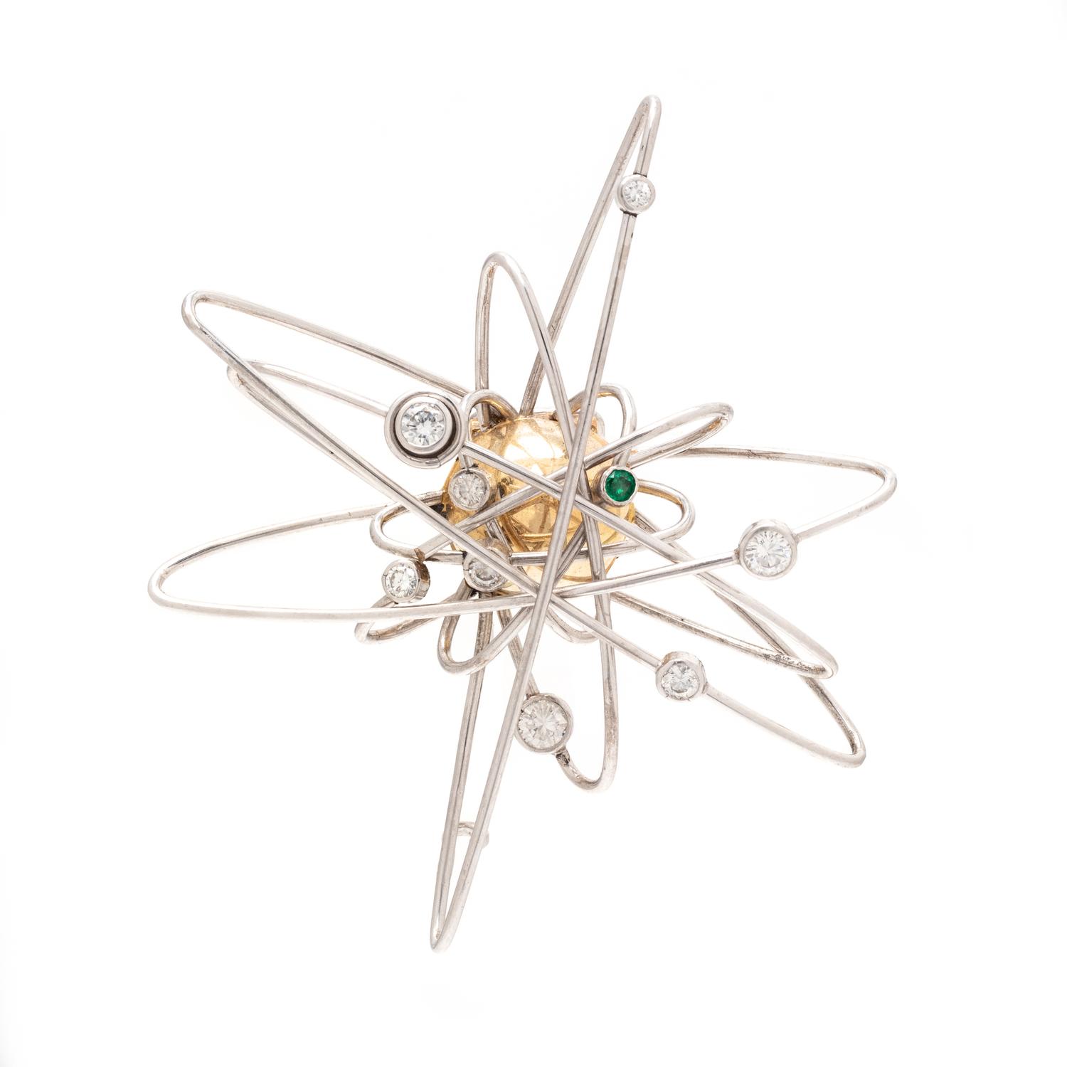 MODERNIST, BICOLOR GOLD, DIAMOND AND EMERALD SOLAR SYSTEM BROOCH